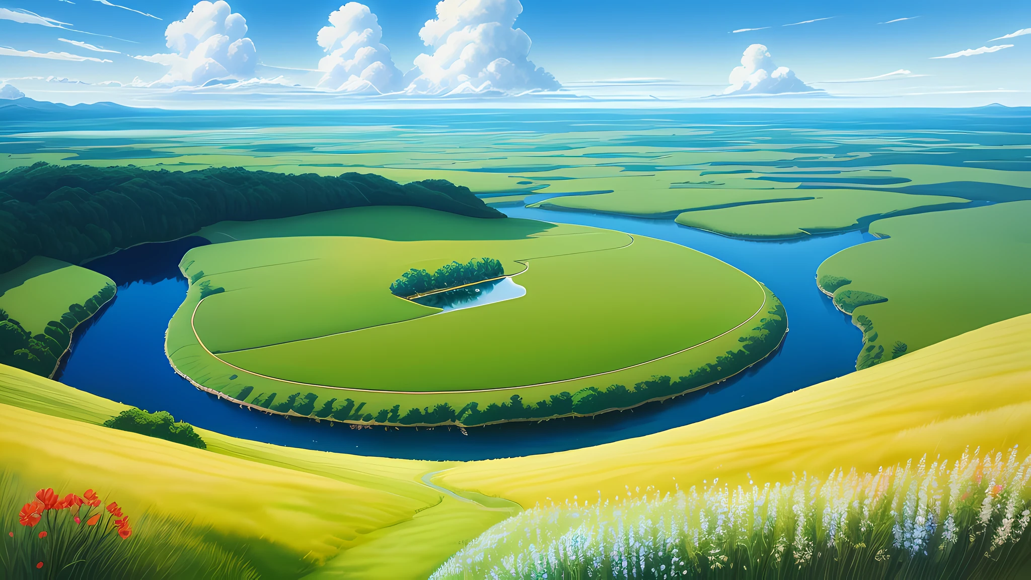 Realistic, authentic, beautiful and amazing landscape oil painting Studio Ghibli Hayao Miyazaki&#39;s petal grassland with blue sky and white clouds --v6