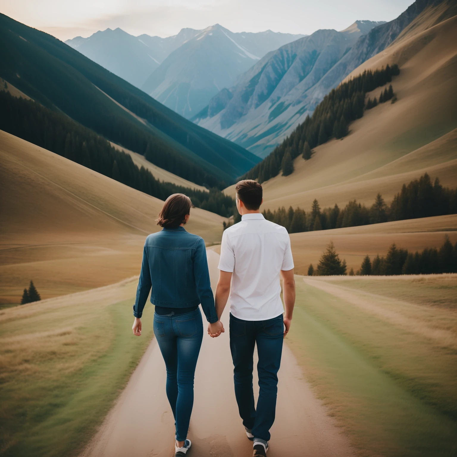 Two people holding hands behind their backs with a beautiful landscape