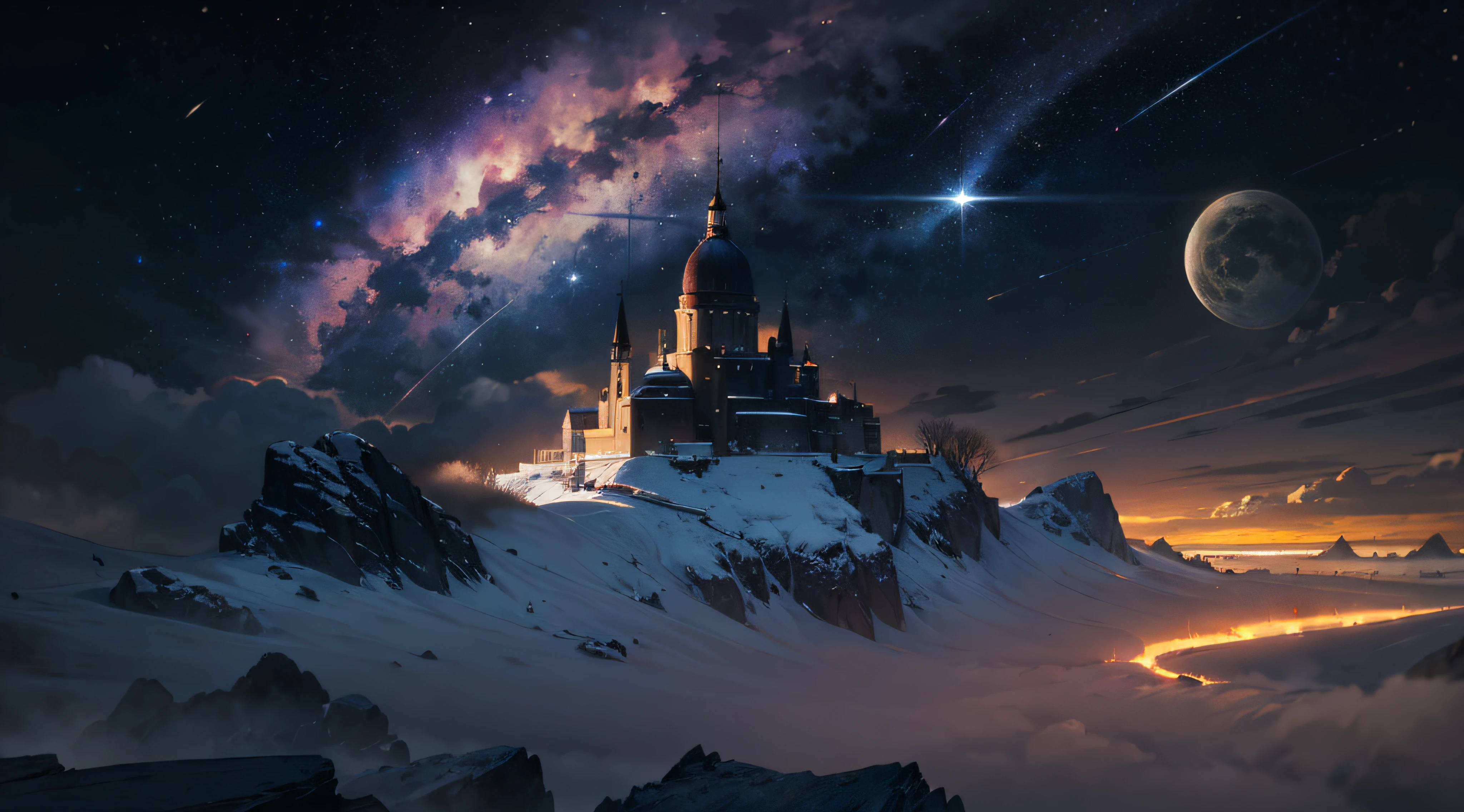 Expansive landscape photograph，（moon full：1.2），（meteors：0.9），（Starcloud：1.3），（Warm light source：1.2），（glowworm：1.2），lamp lights，Lots of purple and orange，Complicated details，Volumetriclighting，Realism BREAK（tmasterpiece：1.2），（best qualtiy），8K，Ultra-detailed，（dynamic compositions：1.4），The is very detailed，Colorful details，（Irridescent color：1.2），（luminouslighting，Atmospheric lighting），dream magical，magical，（独奏：1.2），（（best qualtiy））， （（tmasterpiece））， （the detail：1.4），depth of fields，maximum definition and sharpness，perfectly proportions，Fluttering clouds，Wallpapers