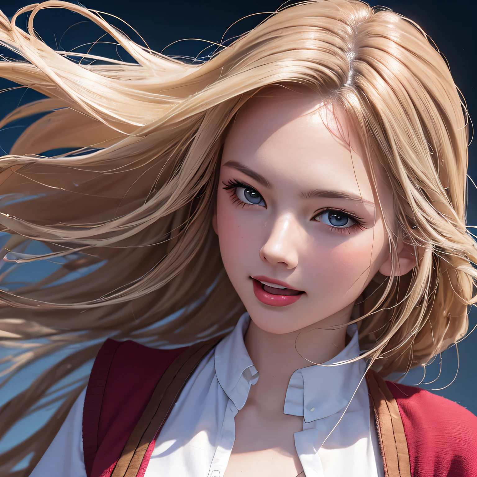 (8K, RAW Photos, of the highest quality, Masterpieces: 1.2), (Realistic, Photorealistic: 1.37), Highest Quality, Ultra High Resolution, light  leaks, Dynamic lighting, Slim and smooth skin, (Full body:1.3), (Soft Saturation: 1.6), (Fair skin: 1.2), (Glossy skin: 1.1), Oiled skin, 22 years old, Night, shiny white blonde, Well-formed, Hair fluttering in the wind, Close-up shot of face only, Physically Based Rendering, From multiple angles, A big smile, School uniform, Beige vest, thunderstorm, The Flash, stick out your tongue a little