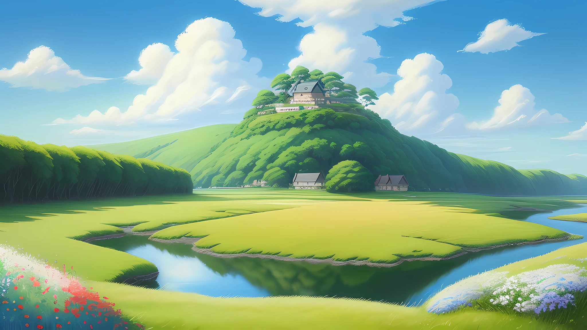 Realistic, authentic, beautiful and amazing landscape oil painting Studio Ghibli Hayao Miyazaki's petal grassland with blue sky and white clouds --v6