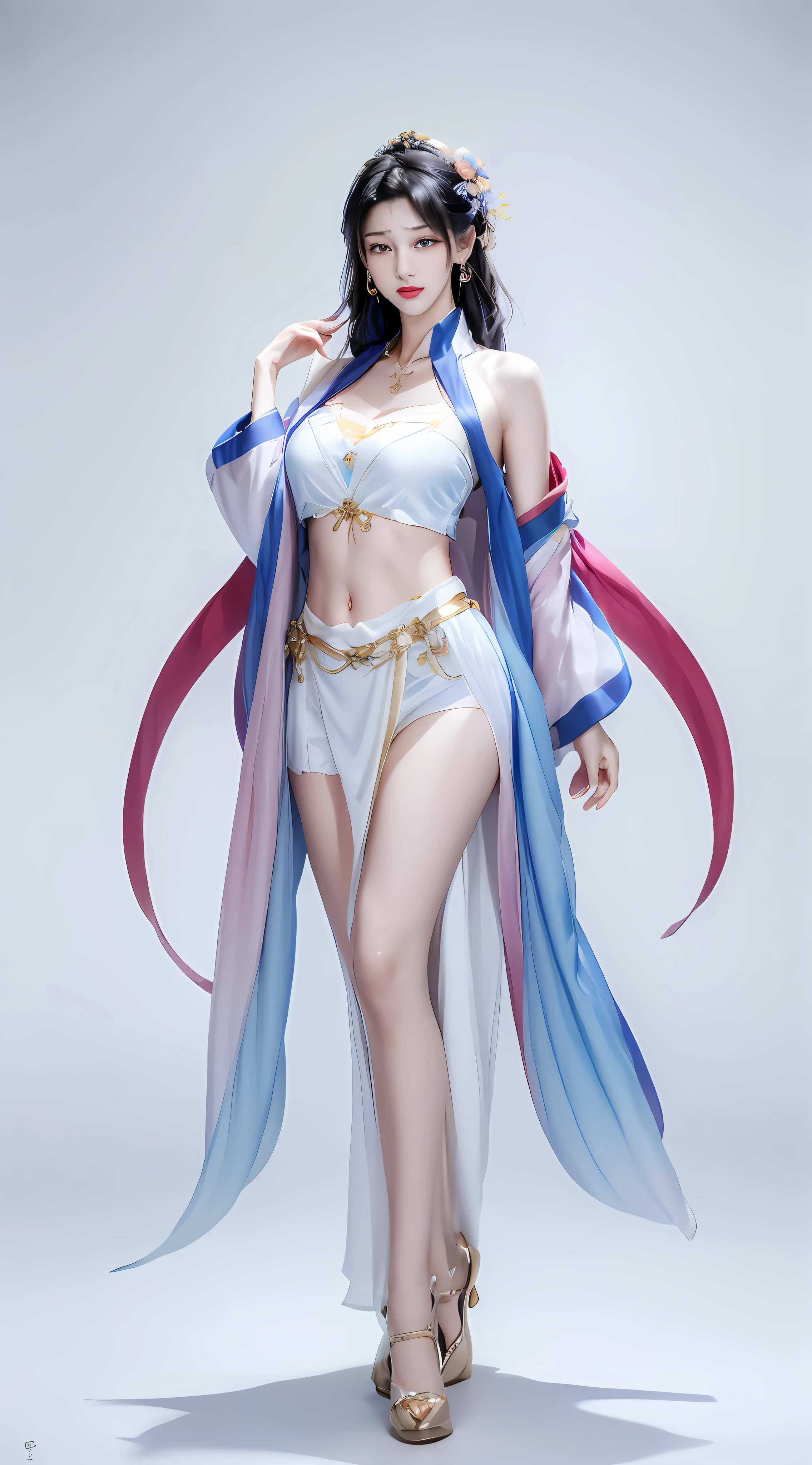 ((Best picture quality, 8K, tmasterpiece:1.3)), 1girll, Beautiful woman with slender abs:1.3, (Casual hairstyle, huge tit:1.2), shift dresses:1.1, Ultra-fine face, A detailed eye, 二重まぶた，mothers，big cuvy hips，Hanfu，比基尼