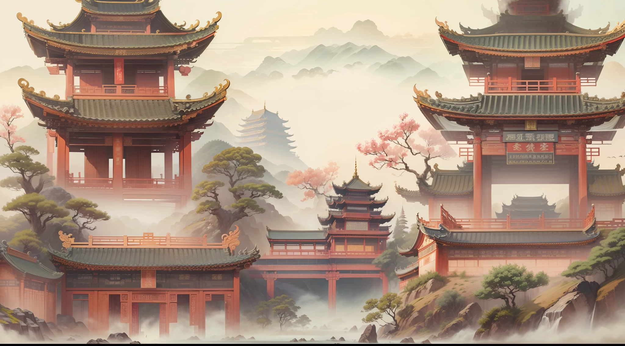(((Masterpiece))),(((Best quality))),(((Amazing detail))),((illustration)),((A high resolution)),((8K)),Chinese painting,ink painting,Chinese traditional building,Chinese-style architecture,Chinese ancient architecture,dreamy,divine,flat,temples,wide shot,from below, f/1.8