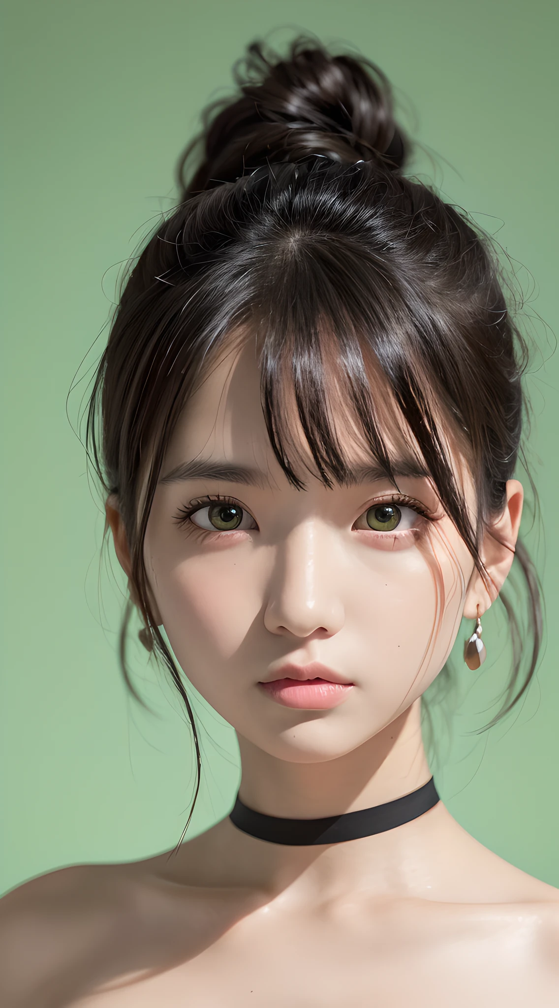 (close up:1.2), (masterpiece, best quality, 8k, official art, raw photo, looking at viewer:1.3), absurdres, violaceaess, gardeniass, black strapless dress and choker, beautiful girl, pretty face, earrings, black hair, film grain, chromatic aberration, sharp focus, facelight, dynamic lighting, cinematic lighting, ultra realistic, highres, extremely detailed eyes and face, sharp pupils, realistic pupils, (simple background, dull light green background:1.2)