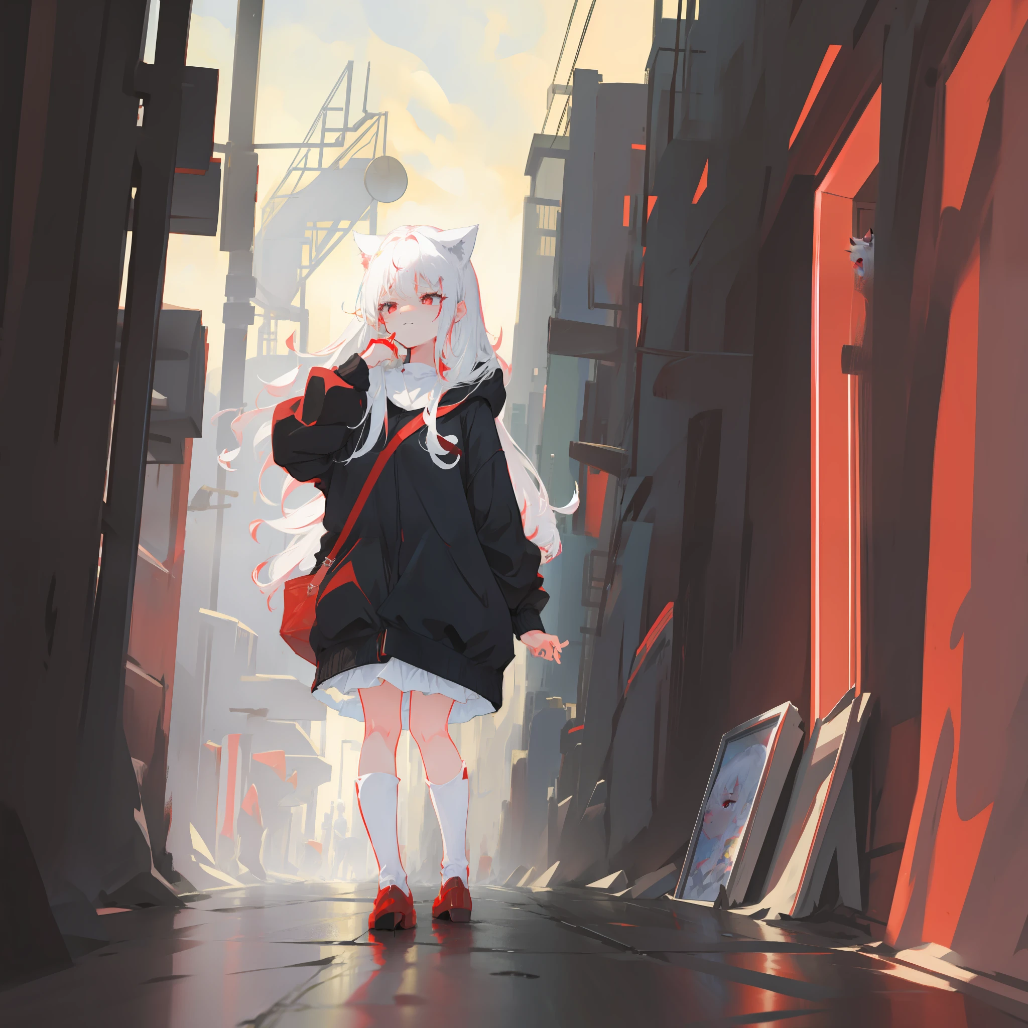 A beautiful girl with white hair and red eyes and cat ears shed tears of grievance on the rainy street