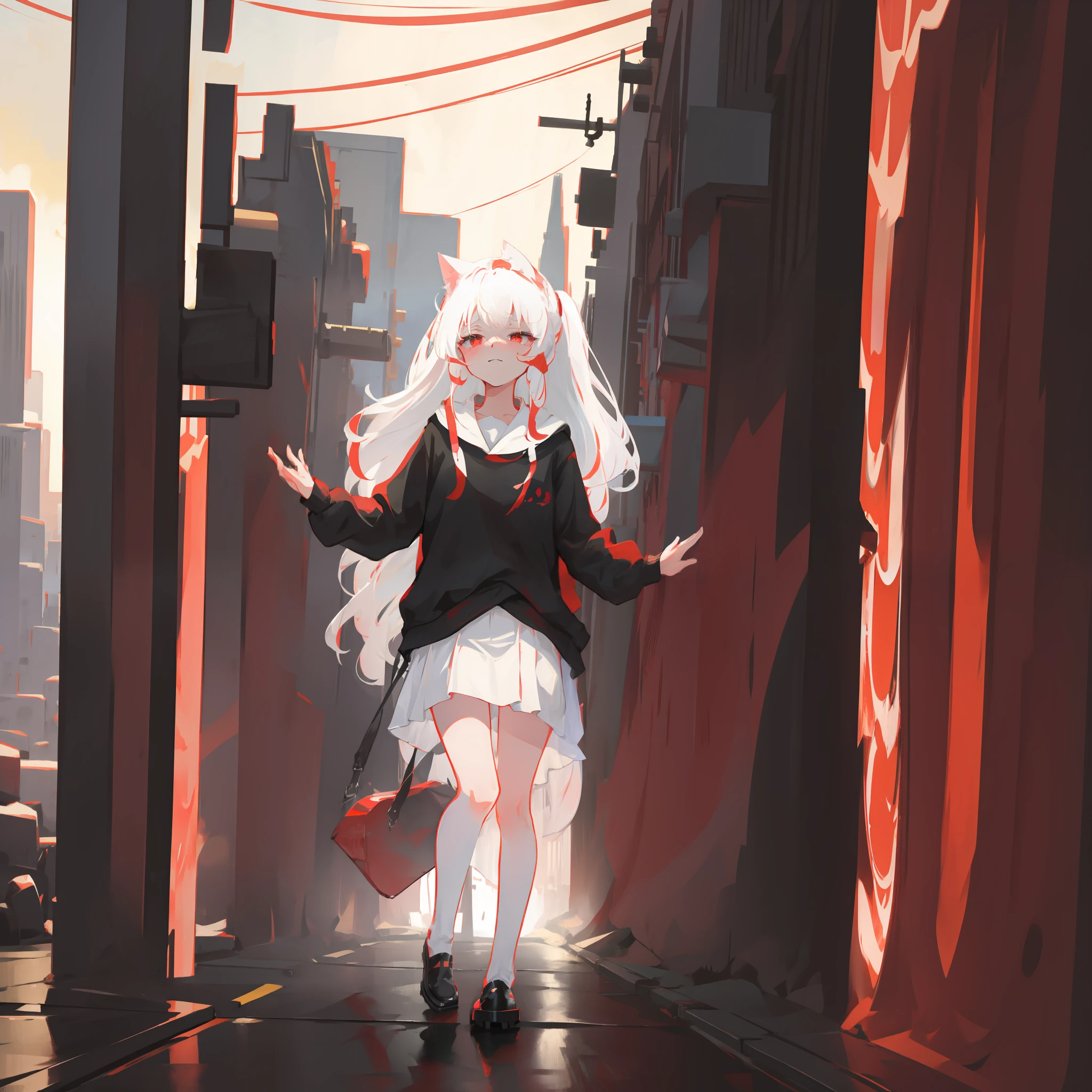 A beautiful girl with white hair and red eyes and cat ears shed tears of grievance on the rainy street