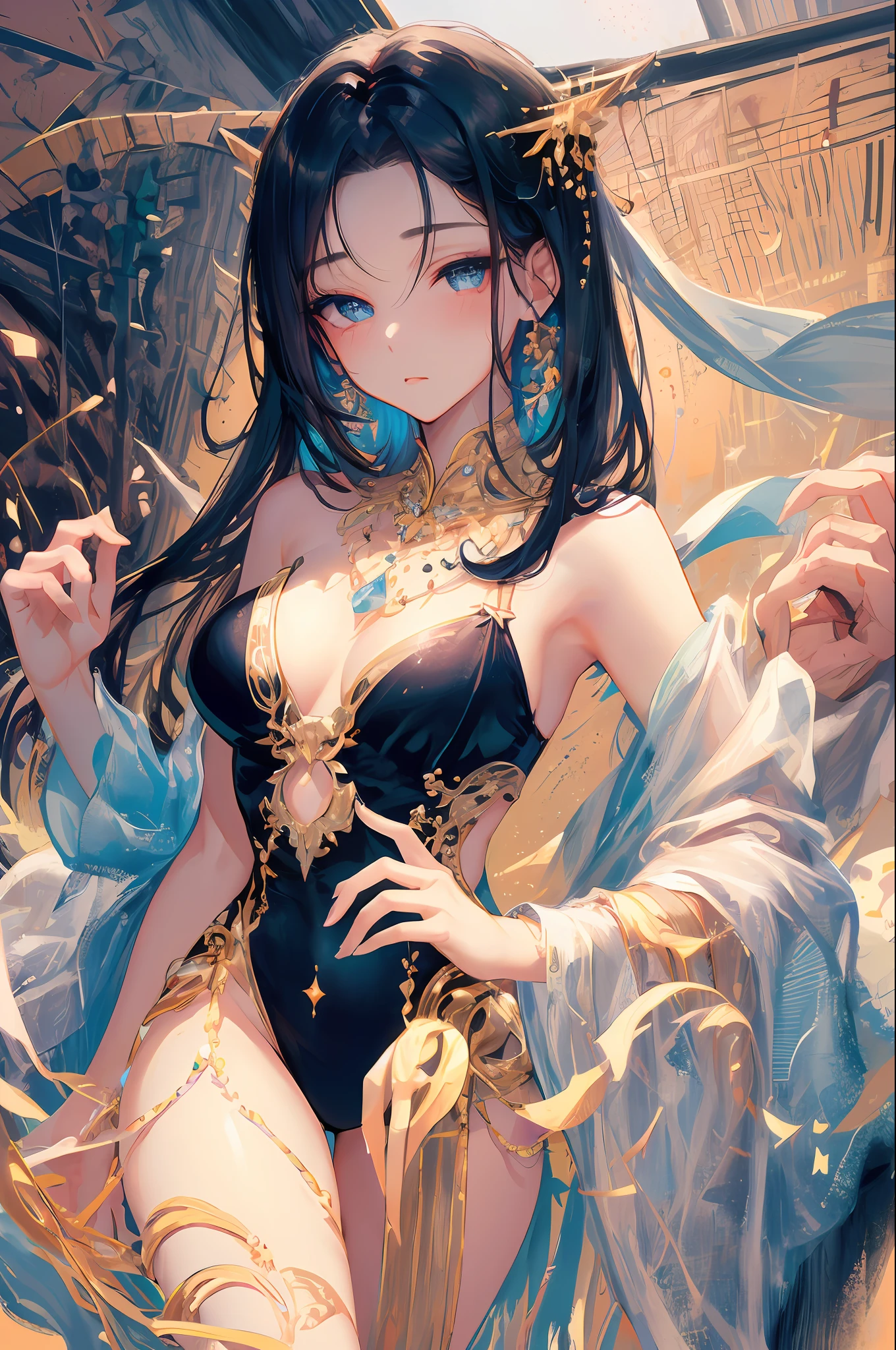 ((tmasterpiece、Need、ultra-delicate、A high resolution)), 独奏, a beauty girl, sparkle eyes, perfect  eyes, ar old,ack and white gold theme,Miss Qianjin，Raised sexy，Tsundere