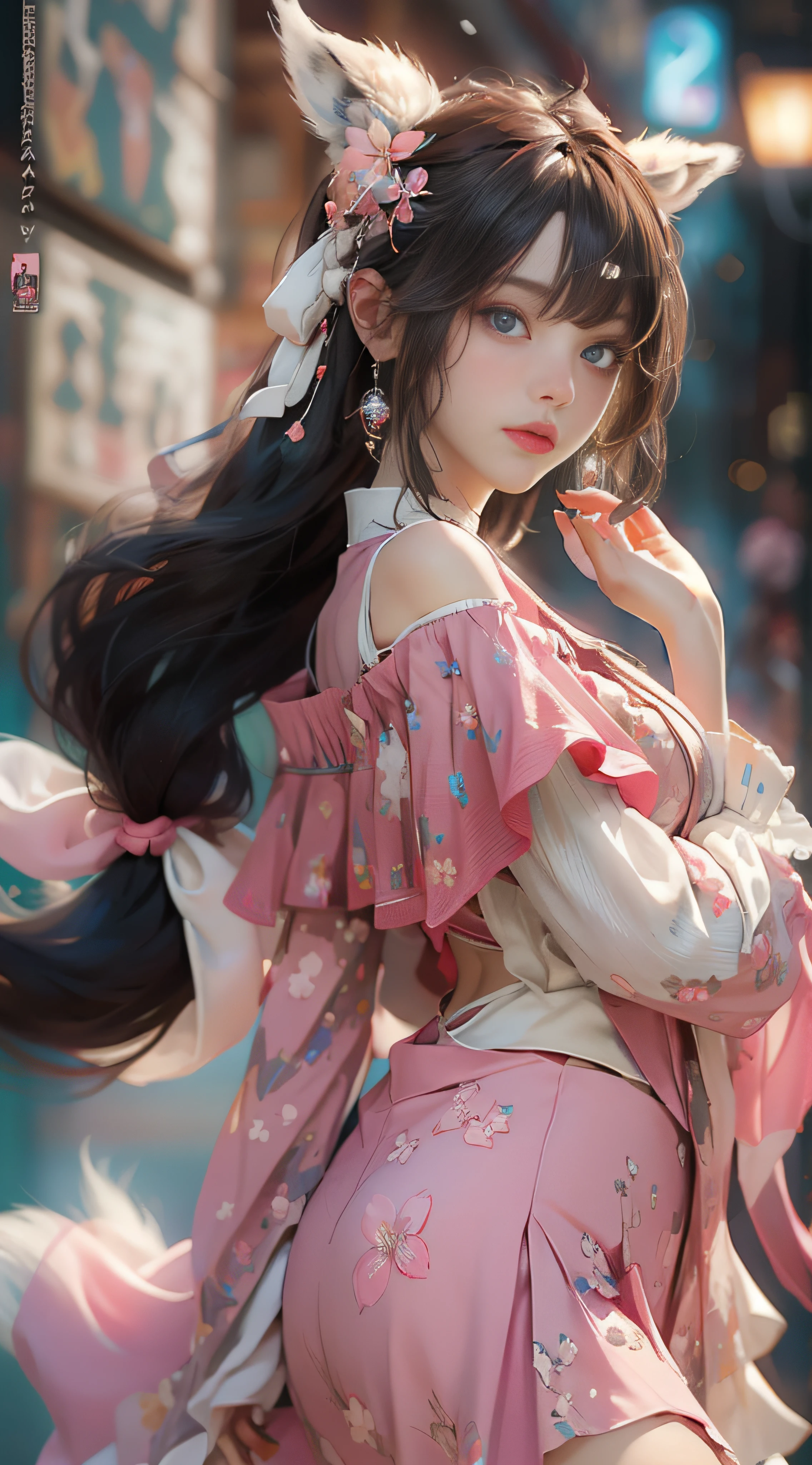 （（best qualtiy））， （（tmasterpiece））， （detail：1.4）， Beautiful cyberpunk female images，hdr（HighDynamicRange），Ray traching，NVIDIA RTX，Hyper-Resolution，illusory 5，sub surface scattering，PBR textures，post-proces，Anisotropy Filtering，depth of fields，maximum definition and sharpness，Many-Layer Textures，Albedo e mapas Speculares，Surface coloring，Mitsu-Accurate simulation of material interactions，perfectly proportioned，rendering by octane，Two-colored light，largeaperture，Low ISO，White balance，Rule three points、8K raw data、Beautiful bright blue pupils，off-the-shoulder clothes，Fine pupils，Delicate face and eyes，long eyelasher，Blushlush，Delicate and fluffy hair，pink lip，Pure，Cute face，Sweet girl，Artistic sense，Casual wear，Advancedsense，butterflys，Cherry blossom petal，Beautiful hair accessories，Long hair and waist，Hair fluttering in the wind，Snow-white fox ears，curlies，fox tails