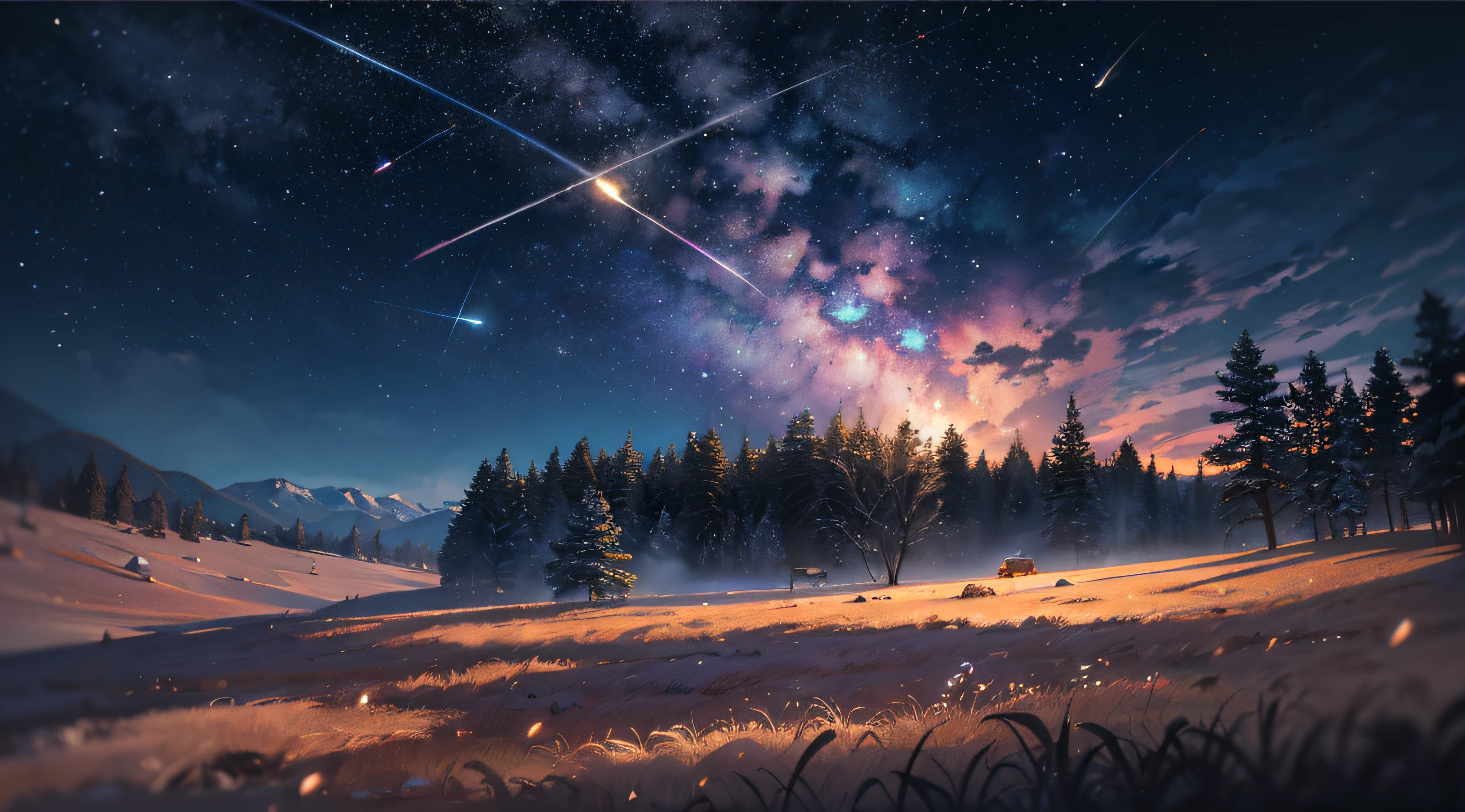 Expansive landscape photograph，（moon full：1.2），（meteors：0.9），（Starcloud：1.3），（Warm light source：1.2），（glowworm：1.2），lamp lights，Lots of purple and orange，Complicated details，Volumetriclighting，Realism BREAK（tmasterpiece：1.2），（best qualtiy），8K，Ultra-detailed，（dynamic compositions：1.4），The is very detailed，Colorful details，（Irridescent color：1.2），（luminouslighting，Atmospheric lighting），dream magical，magical，（独奏：1.2），（（best qualtiy））， （（tmasterpiece））， （the detail：1.4），depth of fields，maximum definition and sharpness，perfectly proportions，Fluttering clouds，Wallpapers