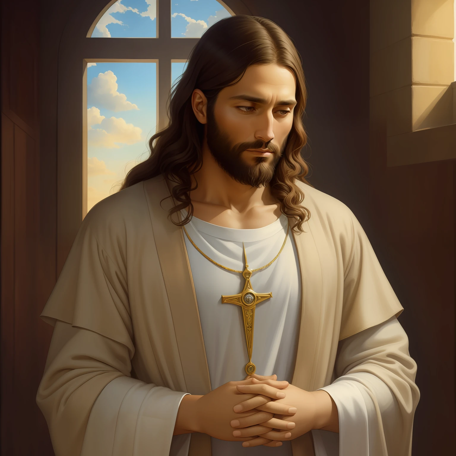 A beautiful ultra-thin realistic portrait of Jesus, the prophet, a man 33 years old Hebrew brunette, short brown hair, long brown beard, with praying jesus in hand, wearing long linen tunic closed on the chest part, in front view, full body, biblical, realistic,by Diego Velázquez,Peter Paul Rubens,Rembrandt,Alex Ross,8k, Concept Art, PhotoRealistic, Realistic,  Illustration, Oil Painting, Surrealism, HyperRealistic, praying child , Digital art, style, watercolor