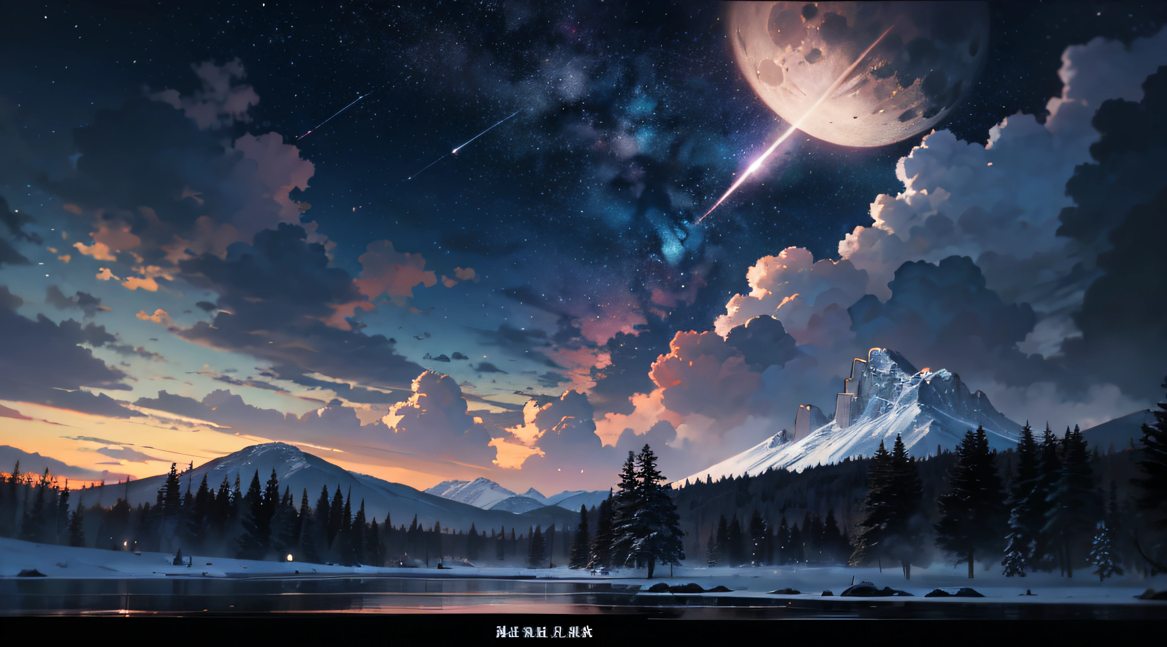 Expansive landscape photograph,(moon full:1.2),(meteors:0.9),(Starcloud:1.3),(Warm light source:1.2),(glowworm:1.2),lamp lights,Lots of purple and orange,Complicated details,Volumetriclighting,Realism BREAK(tmasterpiece:1.2),(best qualtiy),8K,Ultra-detailed,(dynamic compositions:1.4),The is very detailed,Colorful details,(Irridescent color:1.2),(luminouslighting,Atmospheric lighting),dream magical,magical,(独奏:1.2),((best qualtiy)), ((tmasterpiece)), (the detail:1.4),depth of fields,maximum definition and sharpness,perfectly proportions,Fluttering clouds,Wallpapers