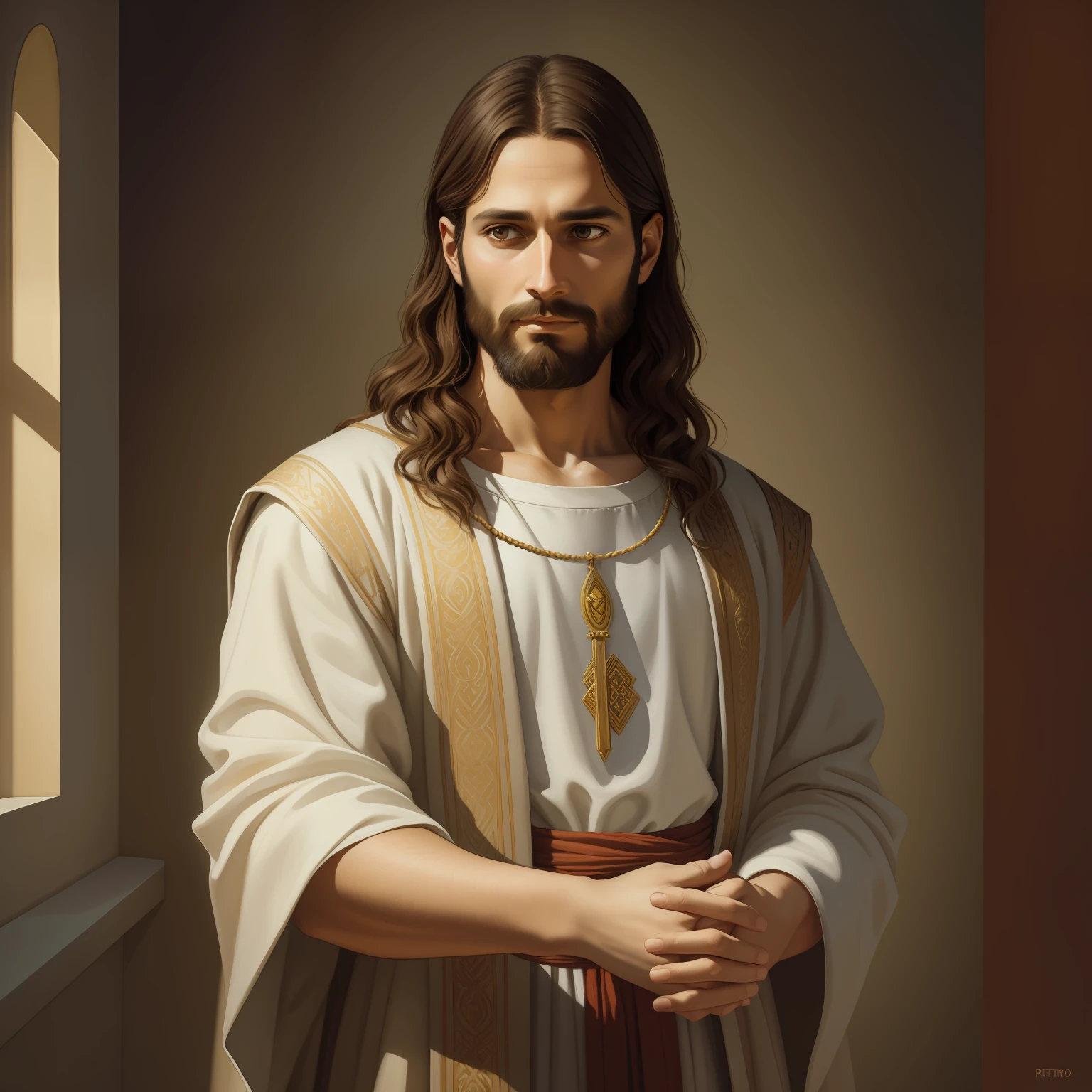 A beautiful ultra-thin realistic portrait of Jesus, the prophet, a man 33 years old Hebrew brunette, short brown hair, long brown beard, with praying jesus in hand, wearing long linen tunic closed on the chest part, in front view, full body, biblical, realistic,by Diego Velázquez,Peter Paul Rubens,Rembrandt,Alex Ross,8k, Concept Art, PhotoRealistic, Realistic, Illustration, Oil Painting, Surrealism, HyperRealistic, praying child , Digital art, style, watercolor