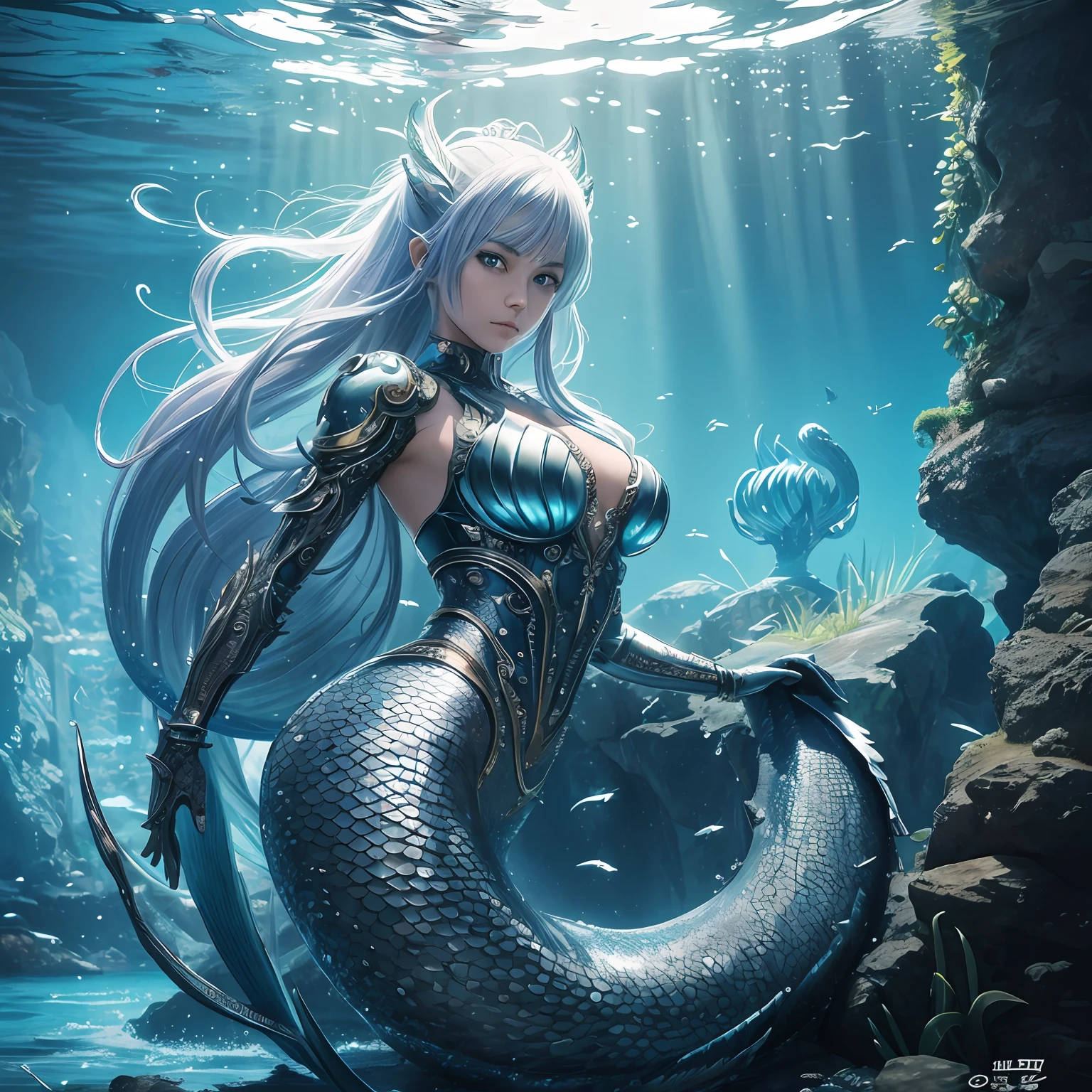 A character from the depths of water, mermaid+pixie+an alien , 独奏, The whole body is made of metal, (A cyborg:1.1), ([tail | Detailed wire]:1.3), (intricate detials), HDR, (intricate detials, hyper-detailing:1.2), cinematic still, vignette, in the center, “Hyper-realistic textures," "Exact Details,” “Realistic still life,” “Realistic portraits,” “Realistic landscapes."street fighter, in the style of 0MIB, ocean, Shore, Ox, The sky