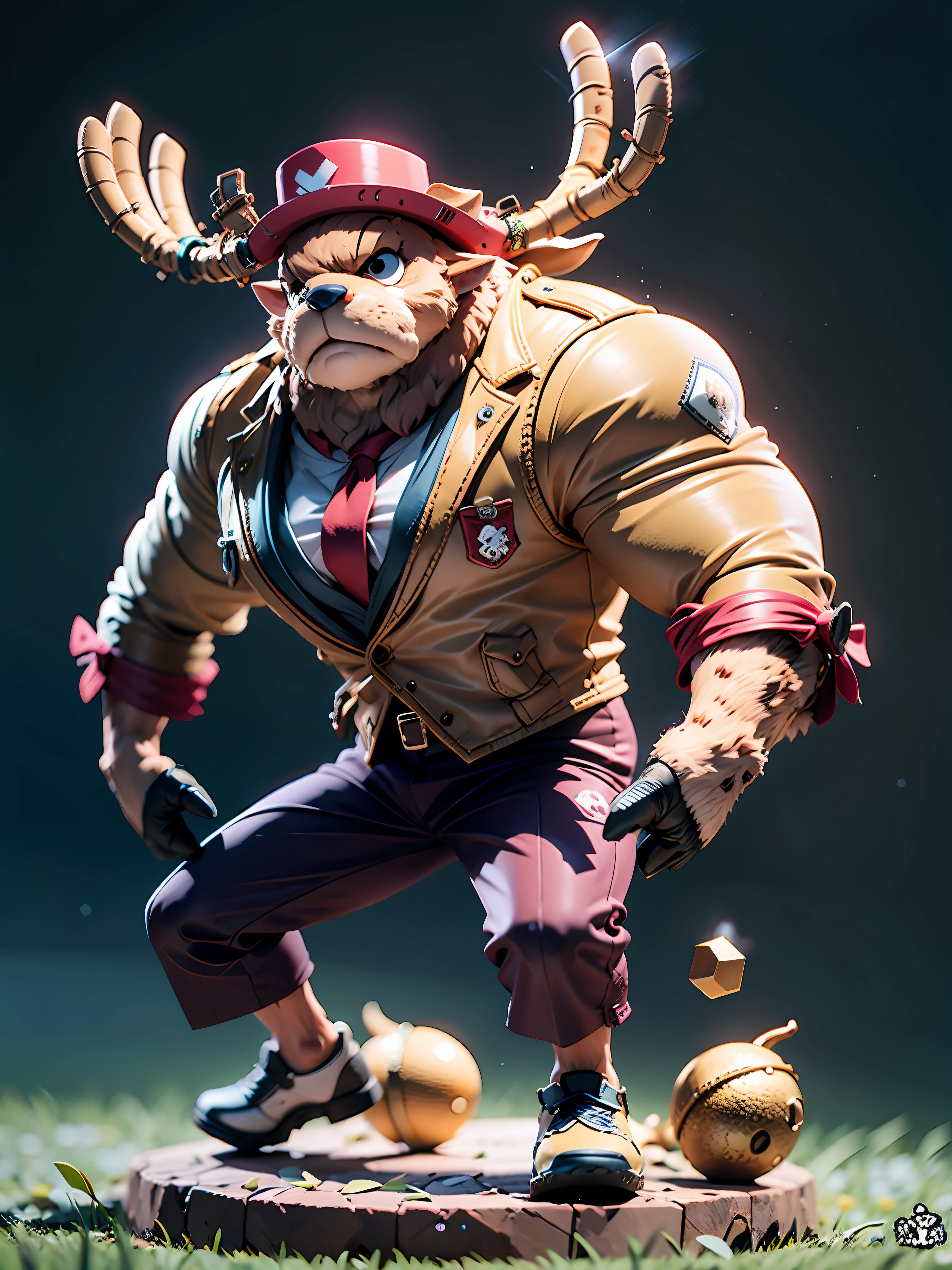 masterpiece, best quality, ultra-detailed, chopper, muscular furry deer, pink hat, human hand, 1boy, solo, Full body, wearing suits, detailed face, day, full body, male focus, perfect hands, chibi style, figure, action figure