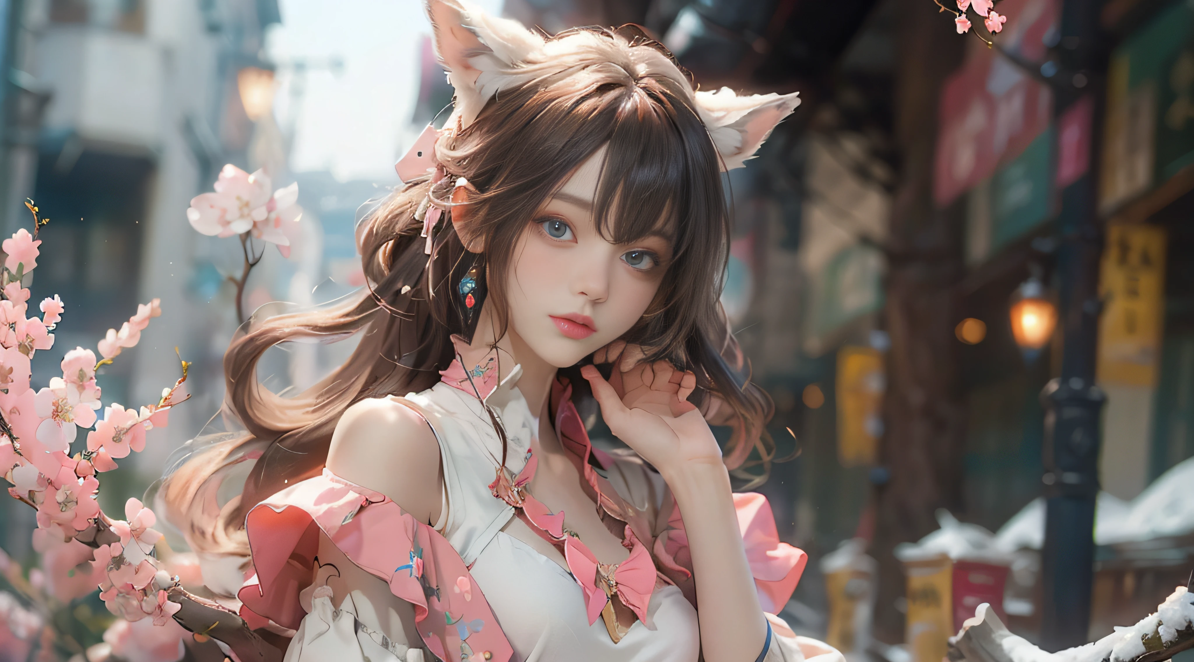 ((best qualtiy)), ((tmasterpiece)), (detail:1.4), Beautiful cyberpunk female images,hdr(HighDynamicRange),Ray traching,NVIDIA RTX,Hyper-Resolution,illusory 5,sub surface scattering,PBR textures,post-proces,Anisotropy Filtering,depth of fields,maximum definition and sharpness,Many-Layer Textures,Albedo e mapas Speculares,Surface coloring,Mitsu-Accurate simulation of material interactions,perfectly proportioned,rendering by octane,Two-colored light,largeaperture,Low ISO,White balance,Rule three points、8K raw data、Beautiful bright blue pupils,off-the-shoulder clothes,Fine pupils,Delicate face and eyes,long eyelasher,Blushlush,Delicate and fluffy hair,pink lip,Pure,Cute face,Sweet girl,Artistic sense,Casual wear,Advancedsense,butterflys,Cherry blossom petal,Beautiful hair accessories,Long hair and waist,Hair fluttering in the wind,Snow-white fox ears,curlies