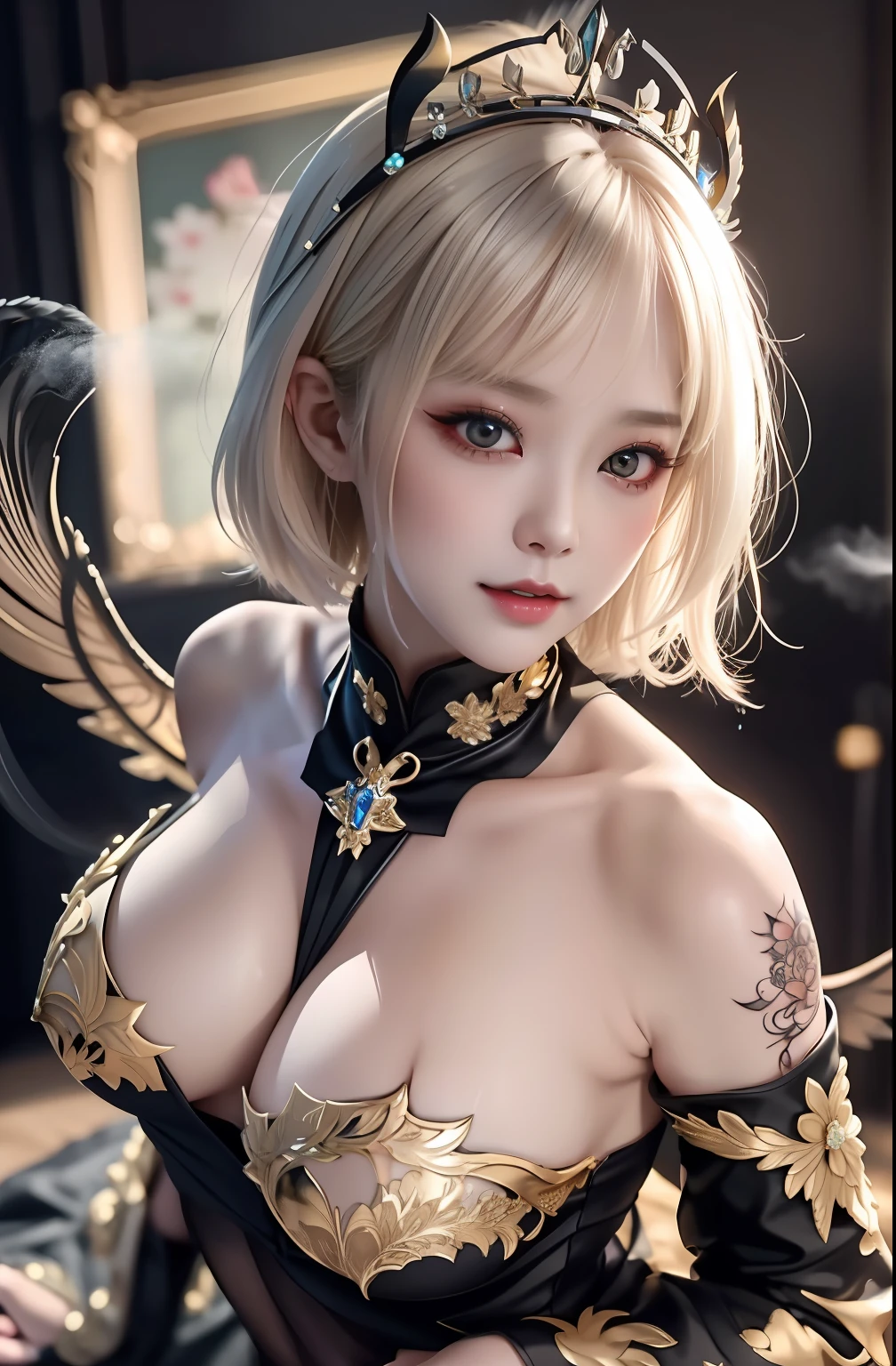 tmasterpiece，top-quality，blue lightning，realisticlying，realistic detail，high detal。Blue crystal。Black suspended particles。Black smoke。It is surrounded by black crystals。Black smoke wafts around。Twist the body。Twist the body。banya。darkly。Omiyoshi Ouchi。laughingly。Very short。boyish。short  hair。short  hair。blond hairbl。lying down。
1 rapariga、 Beautuful Women、 、 Fine fine skin、 anicos_No one、、 nabel、 Separate the sleeves、 exposed bare shoulders、 Center opening、cleavage between breasts、 middle  breasts、 Long feather clips、 Blue hair ornaments、 thigh height、 Watch viewer、 isekai、 Daichi Yami plays。seductiv。Brain killing。Tattooed with。demon tail。Gold pattern on chest。Luminescent tattoo。Luminescent tattoo。Devil's wings。Black and gold tiara。head gear。Intricate and luxurious headdress。ssmile。Luminous blades，gigantic cleavage breasts，Raised ，Get wet all over your body，Pose with your hips facing you，cleavage