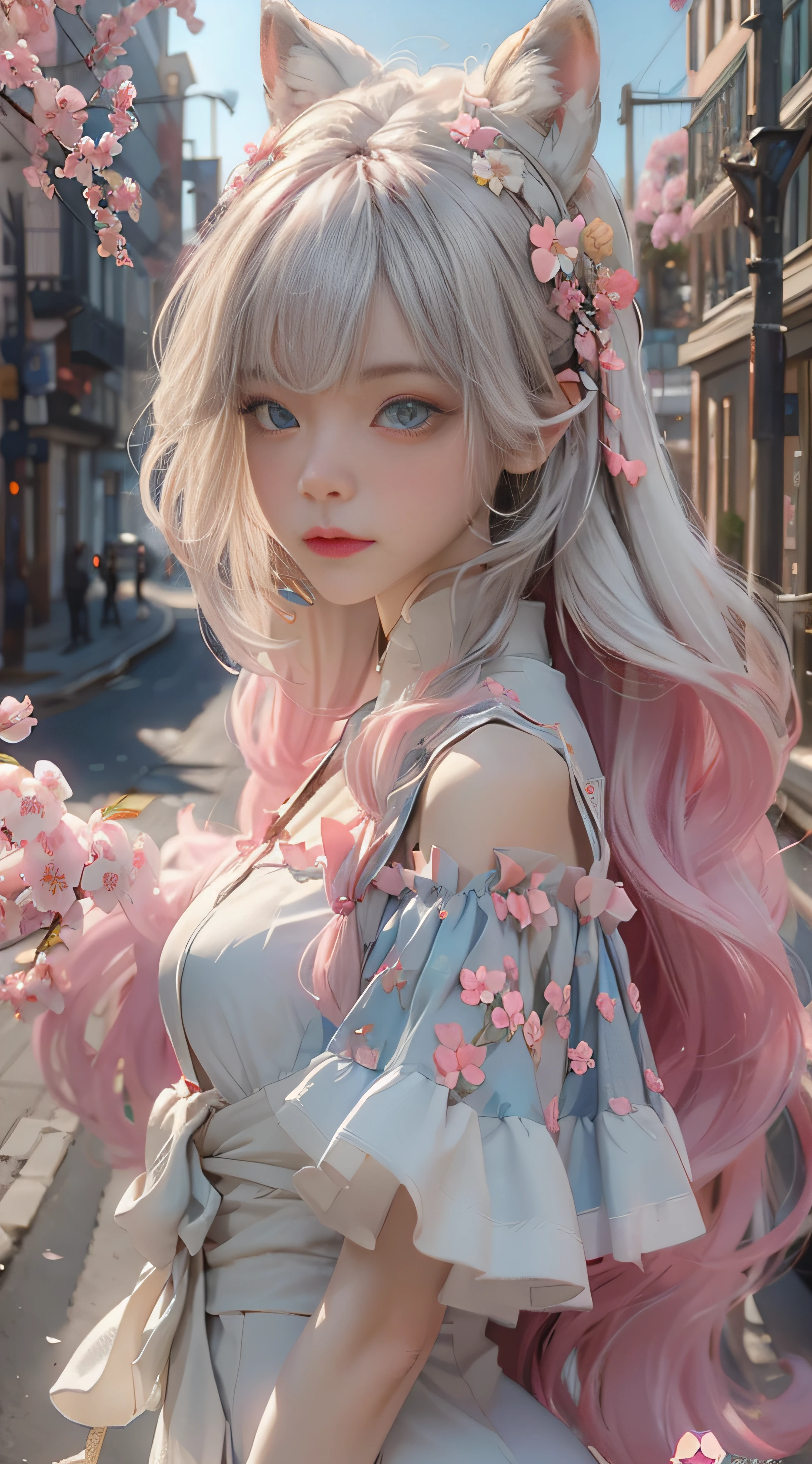((best qualtiy)), ((tmasterpiece)), (detail:1.4), Beautiful cyberpunk female images,hdr(HighDynamicRange),Ray traching,NVIDIA RTX,Hyper-Resolution,illusory 5,sub surface scattering,PBR textures,post-proces,Anisotropy Filtering,depth of fields,maximum definition and sharpness,Many-Layer Textures,Albedo e mapas Speculares,Surface coloring,Mitsu-Accurate simulation of material interactions,perfectly proportioned,rendering by octane,Two-colored light,largeaperture,Low ISO,White balance,Rule three points、8K raw data、Beautiful bright blue pupils,off-the-shoulder clothes,Fine pupils,Delicate face and eyes,long eyelasher,Blushlush,Delicate and fluffy hair,pink lip,Pure,Cute face,Sweet girl,Artistic sense,Casual wear,Advancedsense,butterflys,Cherry blossom petal,Beautiful hair accessories,Long hair and waist,Hair fluttering in the wind,Snow-white fox ears,curlies,Fluffy white fox tail