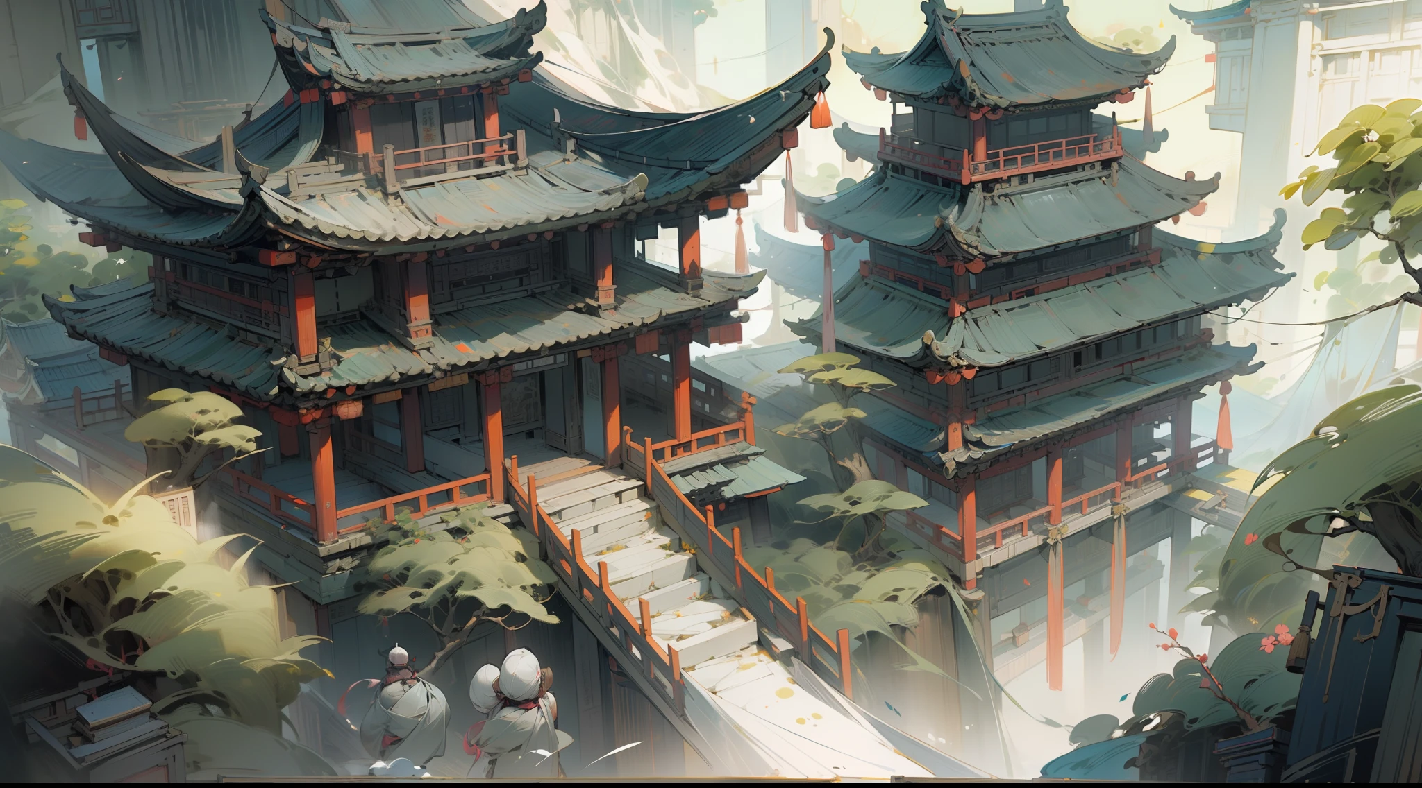 (((Masterpiece))),(((Best quality))),(((Amazing detail))),((illustration)),((A high resolution)),((8K)),Chinese painting,ink painting,Chinese traditional building,Chinese-style architecture,Chinese ancient architecture,dreamy,divine,flat,temples,wide shot,from below, f/1.8,chiaroscuro, depth of field,