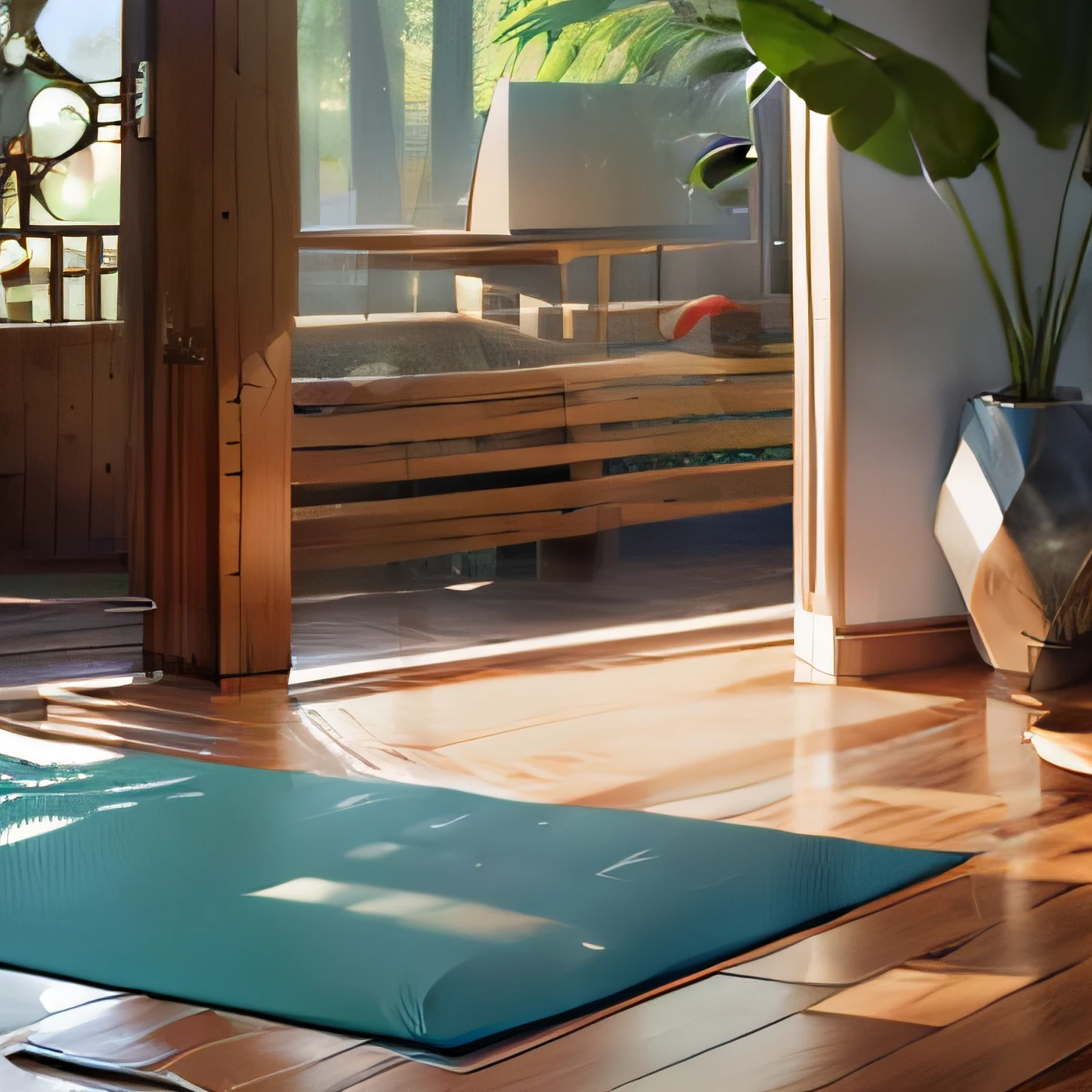 A yoga mat is placed in a natural environment, como uma praia ou uma floresta. The carpet is made of a light color and has a mandala pattern. Em cima do tapete, There are a pair of dumbbells and a jump rope. The sun is shining and the trees are swaying with the wind. There is a sense of peace and tranquility in the image.