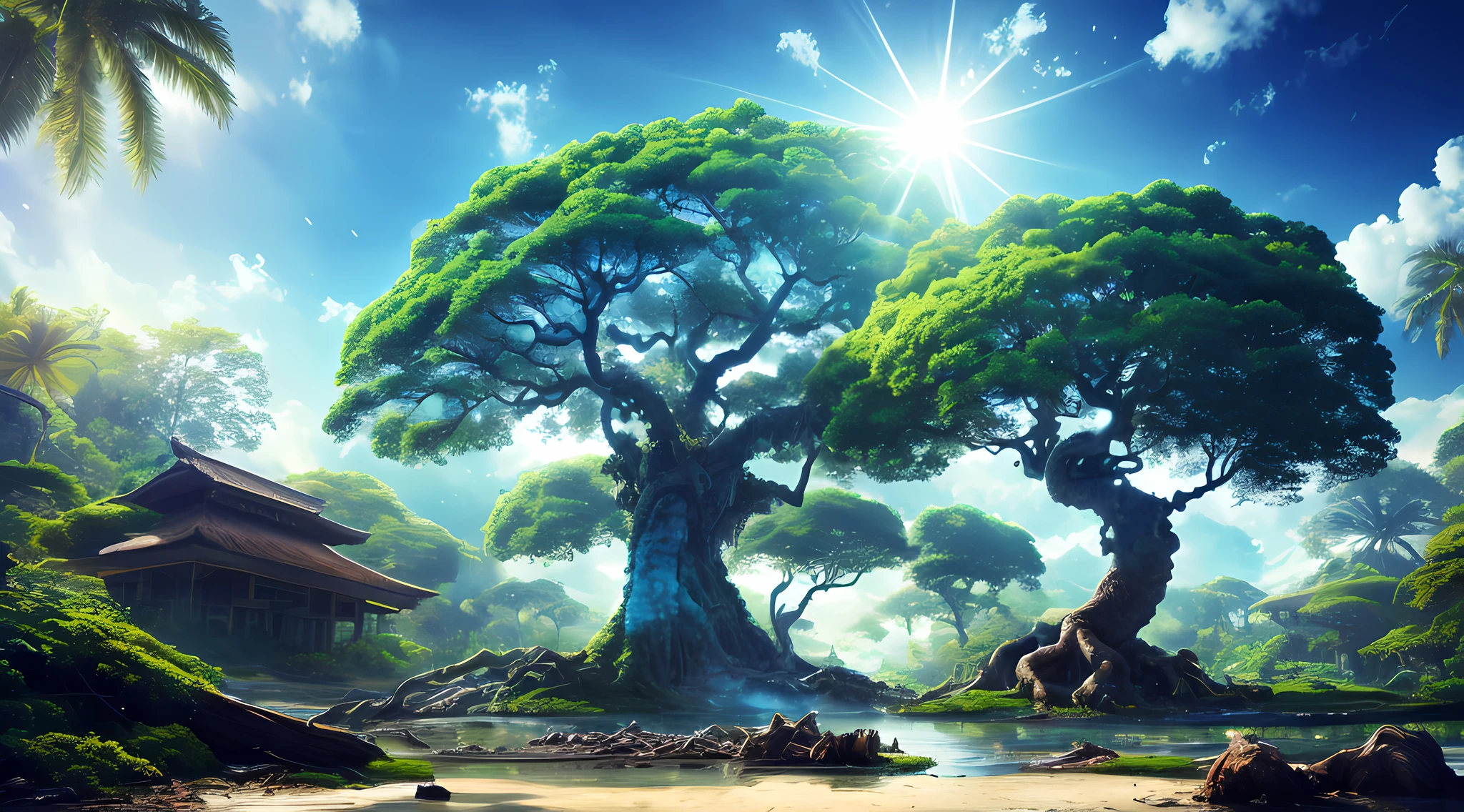 Masterpiece, best quality, high quality, highly detailed CG unity 8k wallpaper, surreal giant cyan rain tree in a futuristic prehistoric village, splashing water, sandy debris, lens flare, sun axis, fluffy clouds, ultra detailed, HDR, bloom, photorealistic, ultra detailed