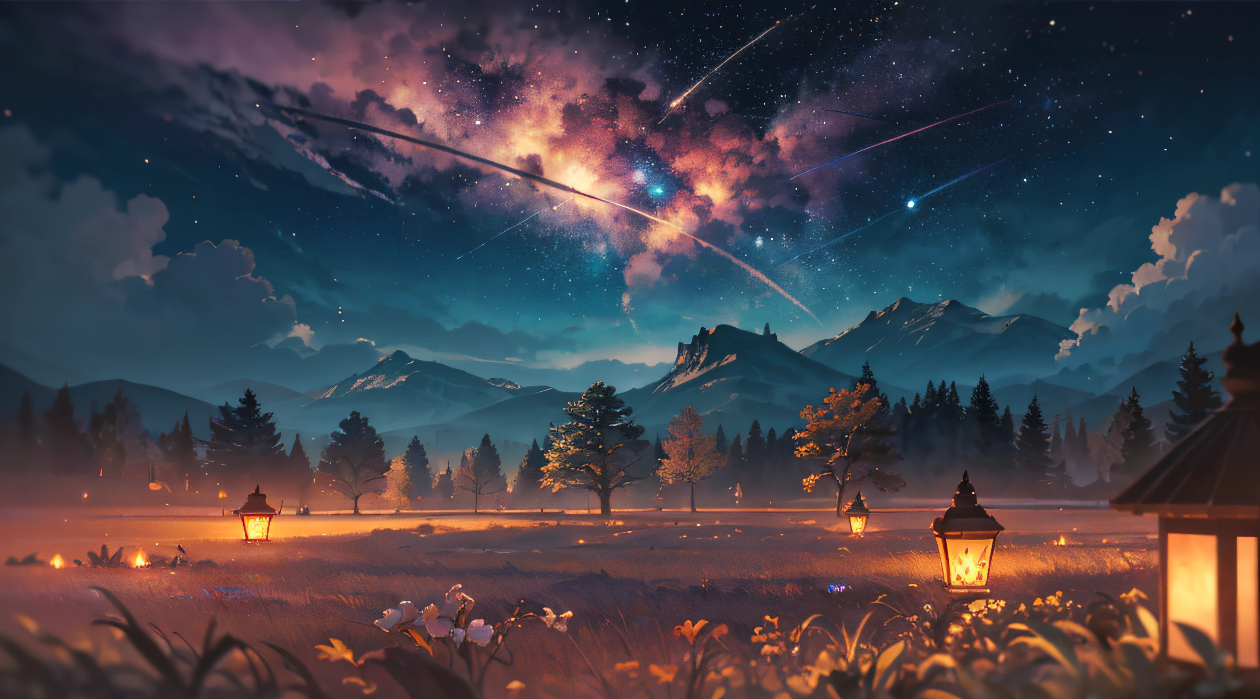 Expansive landscape photograph,(moon full:1.2),(meteors:0.9),(Starcloud:1.3),(Warm light source:1.2),(glowworm:1.2),lamp lights,Lots of purple and orange,Complicated details,Volumetriclighting,Realism BREAK(tmasterpiece:1.2),(best qualtiy),8K,Ultra-detailed,(dynamic compositions:1.4),The is very detailed,Colorful details,(Irridescent color:1.2),(luminouslighting,Atmospheric lighting),dream magical,magical,(独奏:1.2),((best qualtiy)), ((tmasterpiece)), (the detail:1.4),depth of fields,maximum definition and sharpness,perfectly proportions,Fluttering clouds,Wallpapers