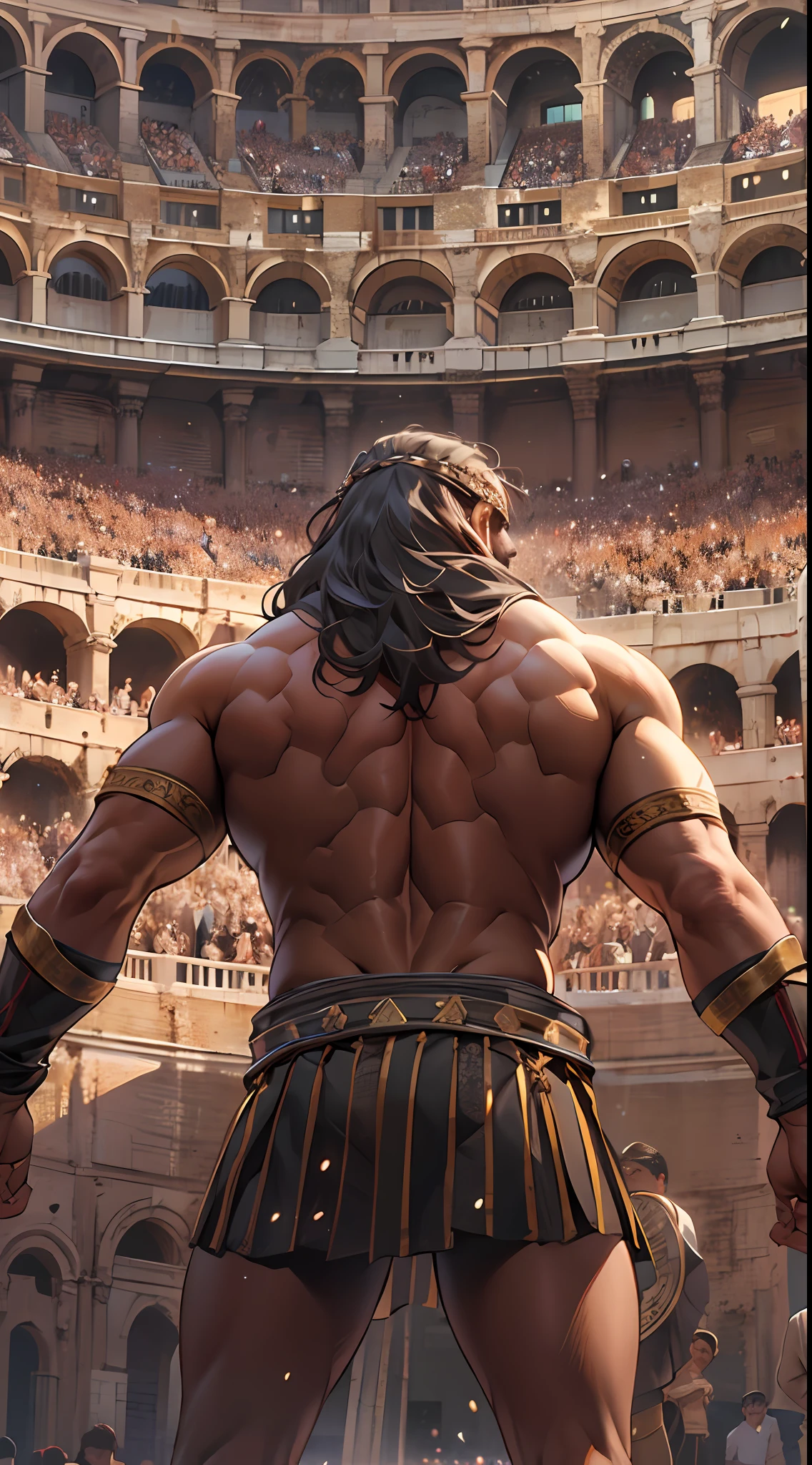 Mighty gladiator, upper torso exposed, legs unclothed from thighs to feet, flowing long curls, detailed muscular physique, lifelike depiction, 4K resolution. Background: Roman colosseum filled with cheering crowd.,32k uhd, best quality, masterpiece, super detail, high details