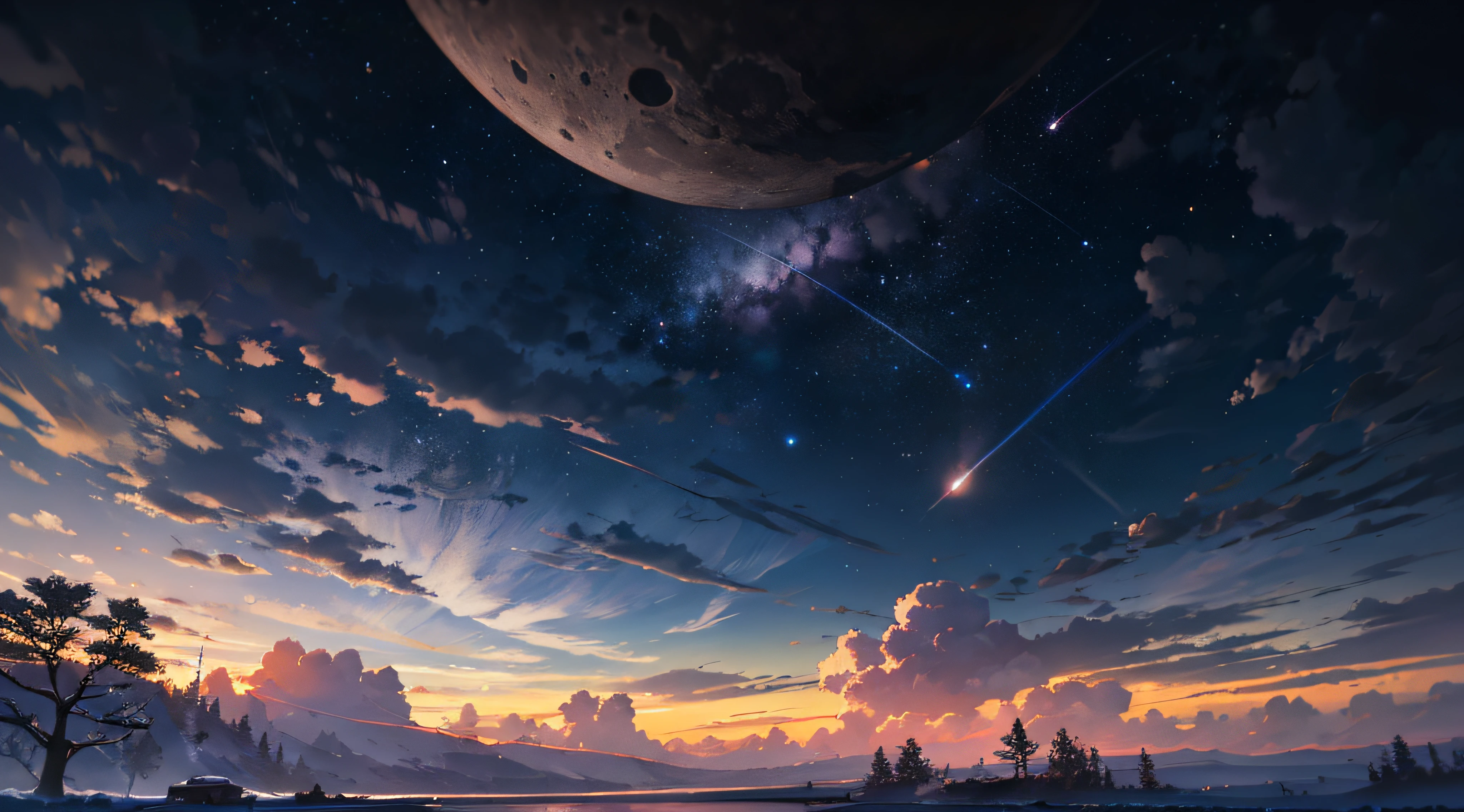 Expansive landscape photograph,(moon full:1.2),(meteors:0.9),(Starcloud:1.3),(Warm light source:1.2),(glowworm:1.2),lamp lights,Lots of purple and orange,Complicated details,Volumetriclighting,Realism BREAK(tmasterpiece:1.2),(best qualtiy),8K,Ultra-detailed,(dynamic compositions:1.4),The is very detailed,Colorful details,(Irridescent color:1.2),(luminouslighting,Atmospheric lighting),dream magical,magical,(独奏:1.2),((best qualtiy)), ((tmasterpiece)), (the detail:1.4),depth of fields,maximum definition and sharpness,perfectly proportions,Fluttering clouds,Wallpapers