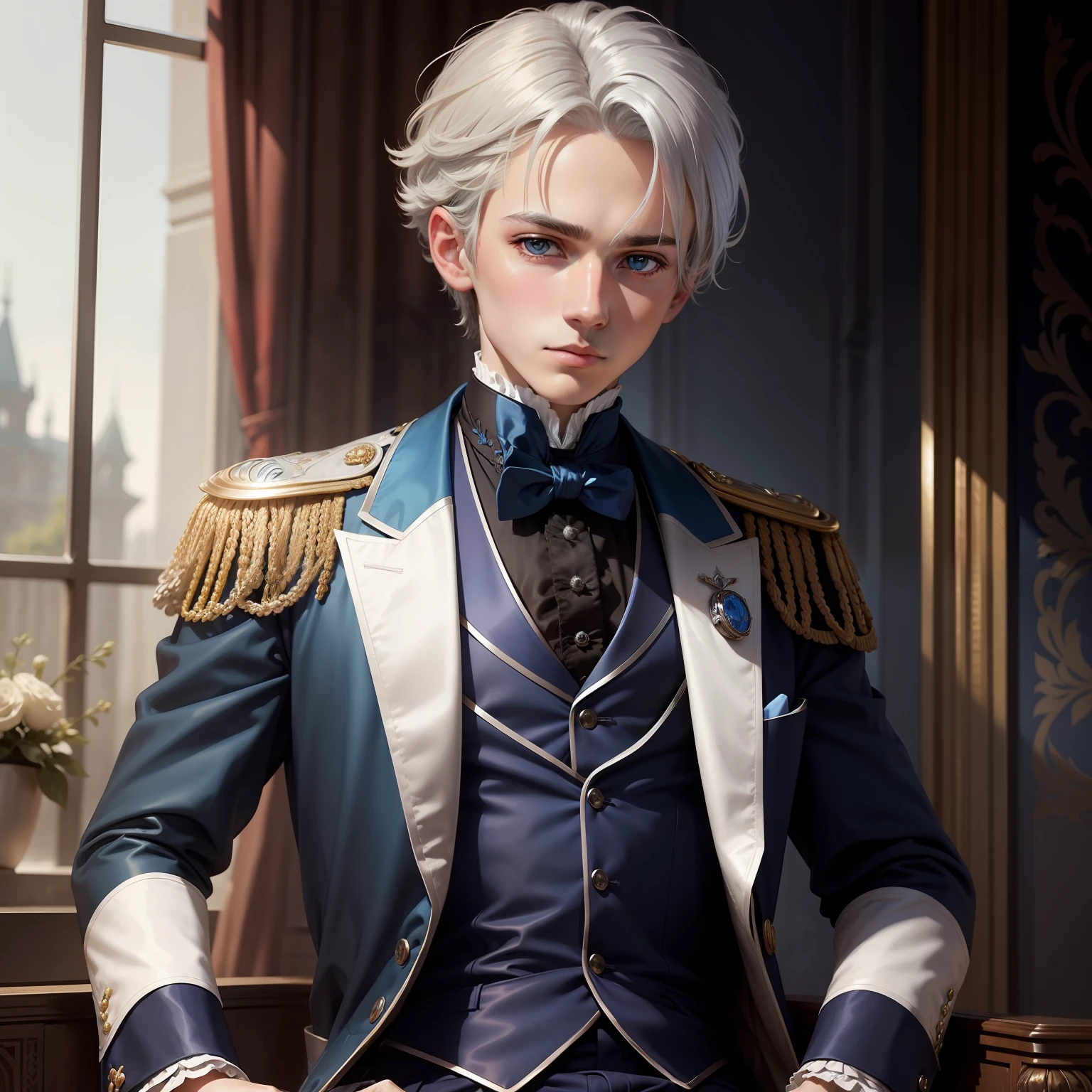 a silver haired 15-year-old imperial prince wearing a stylish blue Victorian era suit