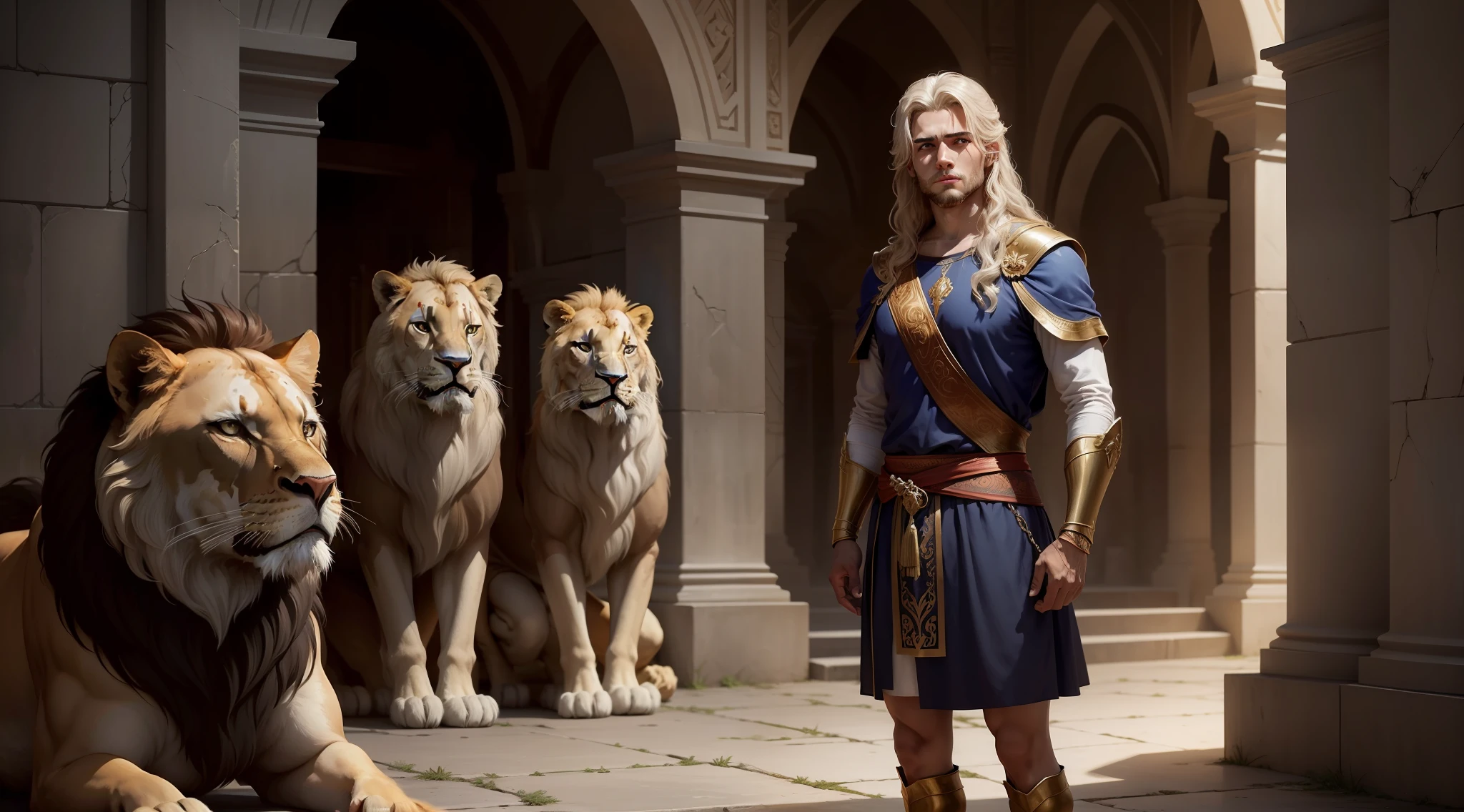 Create an image that represents the biblical character Daniel and his story of courage and faith, Especially the episode where he's cast into the lion's den. The image should convey a sense of imminent danger and show Daniel's courage in the midst of adversity.
Na imagem, retrate Daniel como um homem jovem e confiante, vestido com roupas simples, but with a determined expression on his face. Ele deve estar no centro da imagem, surrounded by a group of ferocious lions. Lions should be represented in realistic detail, showing their strength and predatory nature.
To add more drama to the scene, use lighting to create a contrast between the darkness of the well and the light that falls on Daniel. Isso pode ser feito com um feixe de luz que penetra por uma abertura no topo da imagem, highlighting Daniel in the midst of darkness.
You can include additional details, como um anjo da guarda no fundo, symbolizing divine protection over Daniel. Another option is to add an inscription on the wall of the well, representing King Darius and his order to throw Daniel to the lions.
A imagem deve transmitir a mensagem de que, despite challenging circumstances, Daniel's unwavering faith protected him from danger. Ela deve inspirar os espectadores a confiarem em Deus, even in the face of seemingly impossible situations, and remember that He is able to deliver us from any adversity.
