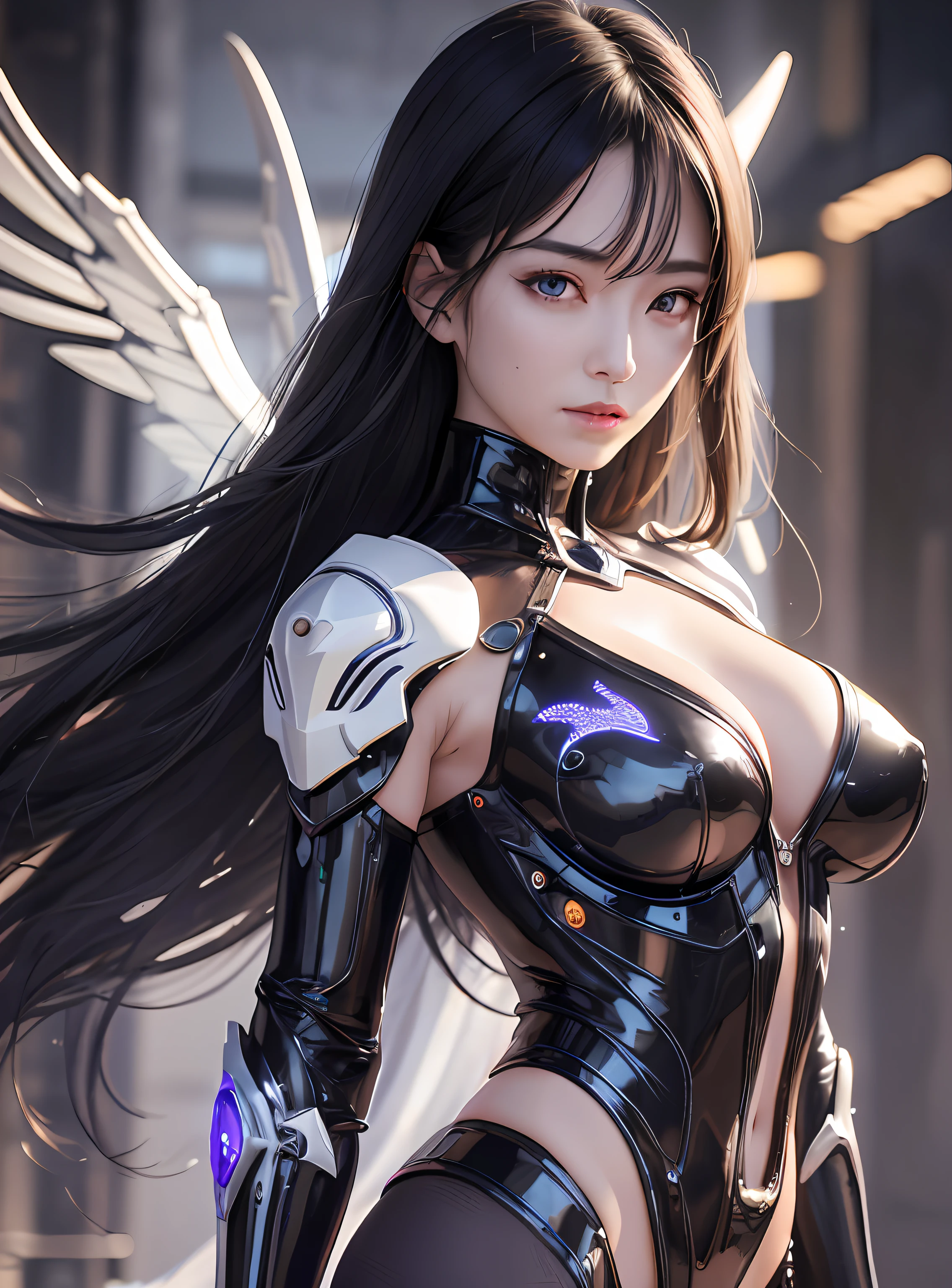 top-quality、​masterpiece、超A high resolution、(Photorealsitic:1.4)、Raw photo、女の子1人、Black hair、glowy skin、1. Mechanical Battle Angel、large metal wings、Shining Angel Circle、((super realistic details))、portlate、globalillumination、Shadow、octan render、8K、ultrasharp、Colossal tits、Raw skin is exposed in cleavage、White porcelain body、Details of complex ornaments、About Cyberpunk、Glowing LEDs、IC chips、Base、Data Links、Hydraulic cylinder、highly intricate detail、Realistic light、a purple eye、radiant eyes、Facing the camera、neon details、Mechanical limbs、blood vessels connected to tubes、Mechanical vertebrae attached to the back、mechanical cervical attaching to neck、cowboy  shot、Wires and cables connecting to the head、Luminous tube、Small LED lamp、Sumerian details、