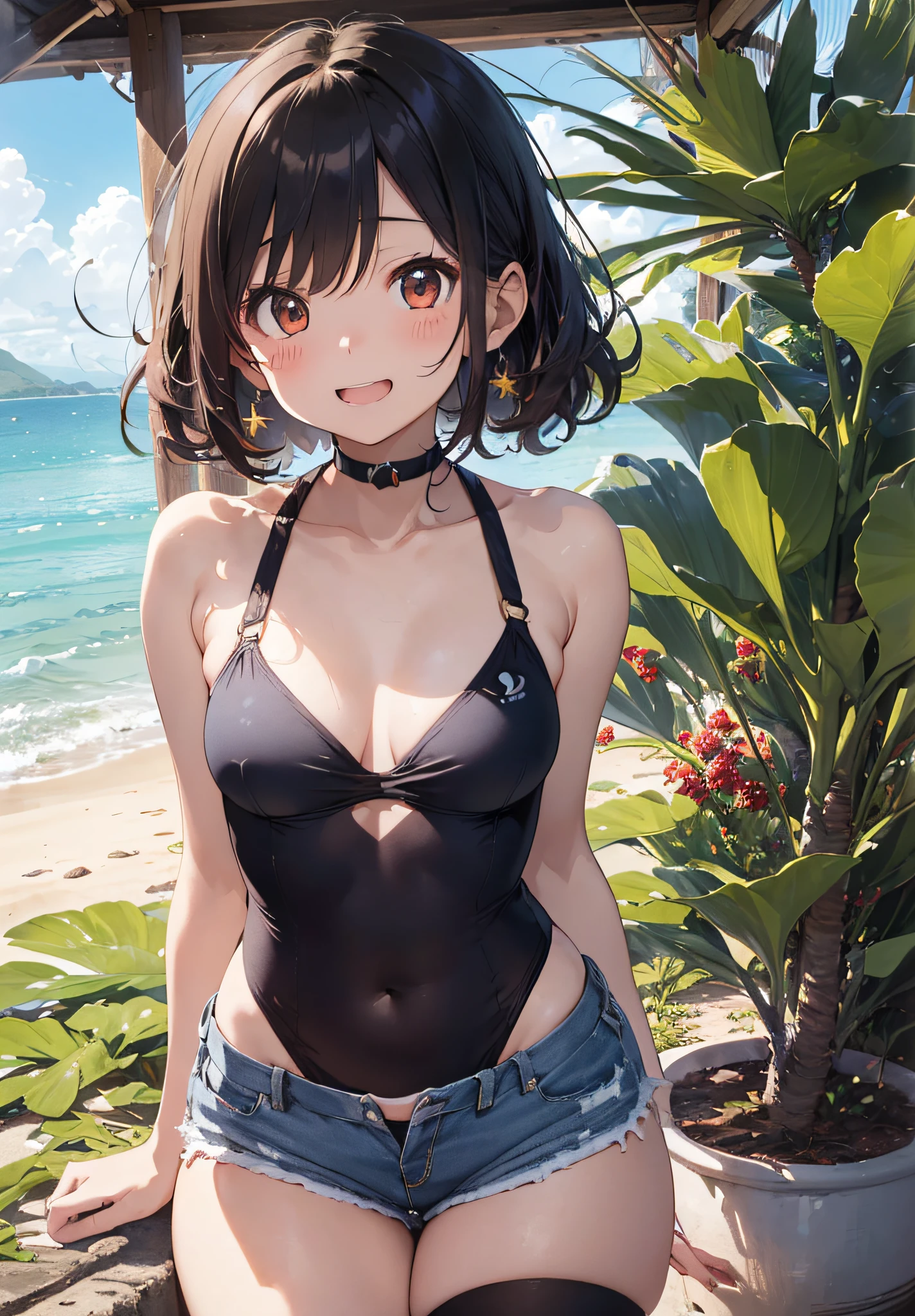 （（（​masterpiece））、（（（top-quality））、（（extremely delicate and beautiful））、（Highly detailed CG Unity 8K wallpapers：1.3）、very delicate light、（Back lighting）、（steampunc）、

/=、
(((cowboy body))、(1loli:1.3)、独奏、(小柄)、(small tits)、(Yellow swimsuit)、High Waist Shorts、Vermilion hair、red eyes、耳环、(Wavy Curly Shorthair)、(Ahoge)、(Cute face:1.114)、(finely eye:1.15)、(cute  face:1.114)
、（Beautiful fine eyes and beautiful face：1.15）、
Girl with a smile、Look happy in a beautiful tropical landscape。Behind her the sun went down、Bring a warm glow to the scene、It creates a dreamy atmosphere。In the distance、Palm trees swaying in the breeze、sand beach、suns、the beach、mare、Horizon, etc.、It creates a laid-back retro atmosphere。wakame、wakame、wakame、wakame、wakame、wakame、wakame、