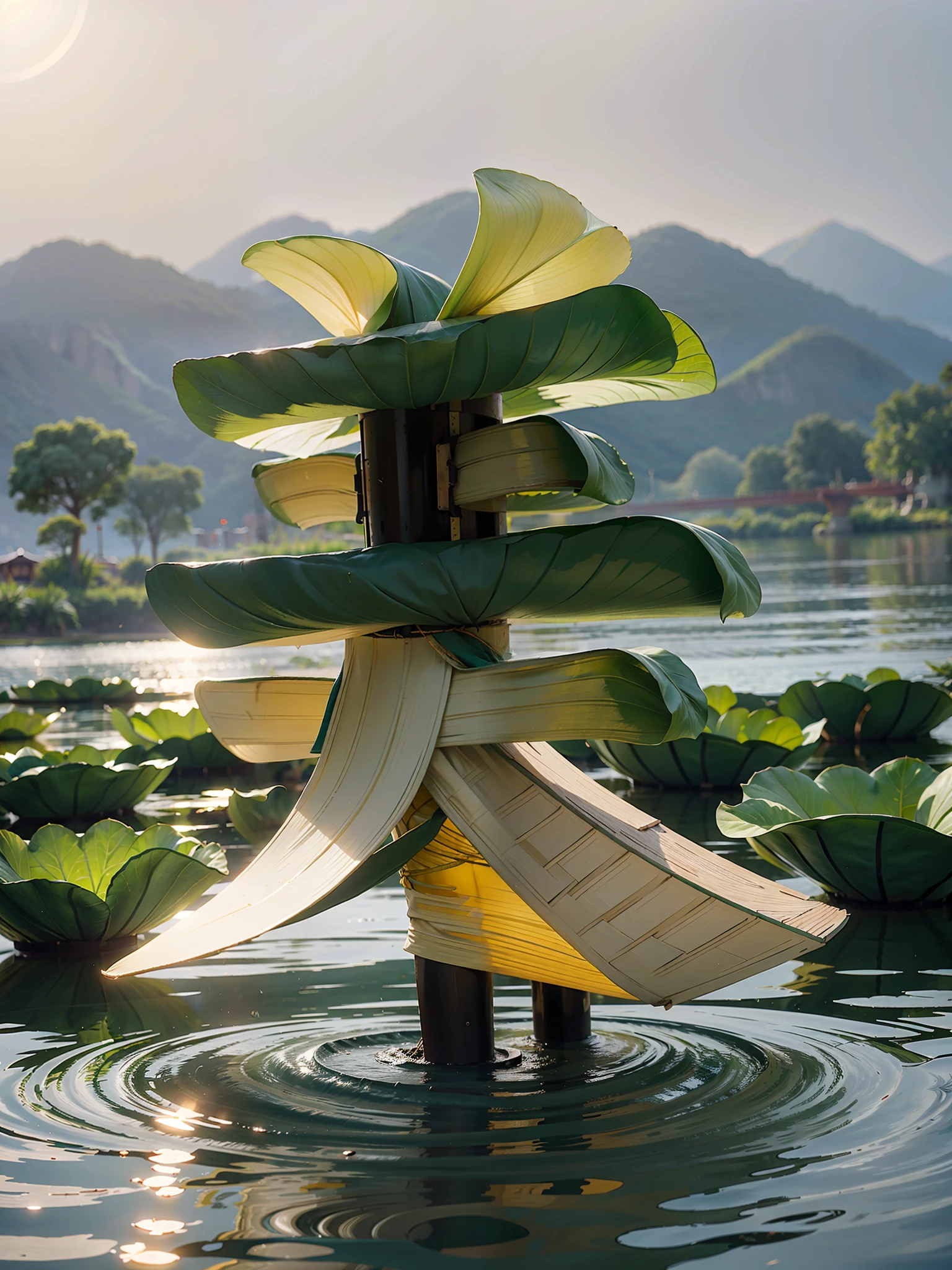 lotuses,Pavilion,Lotus leaf,Beautiful,Riverside,Small bridge,Highest image quality