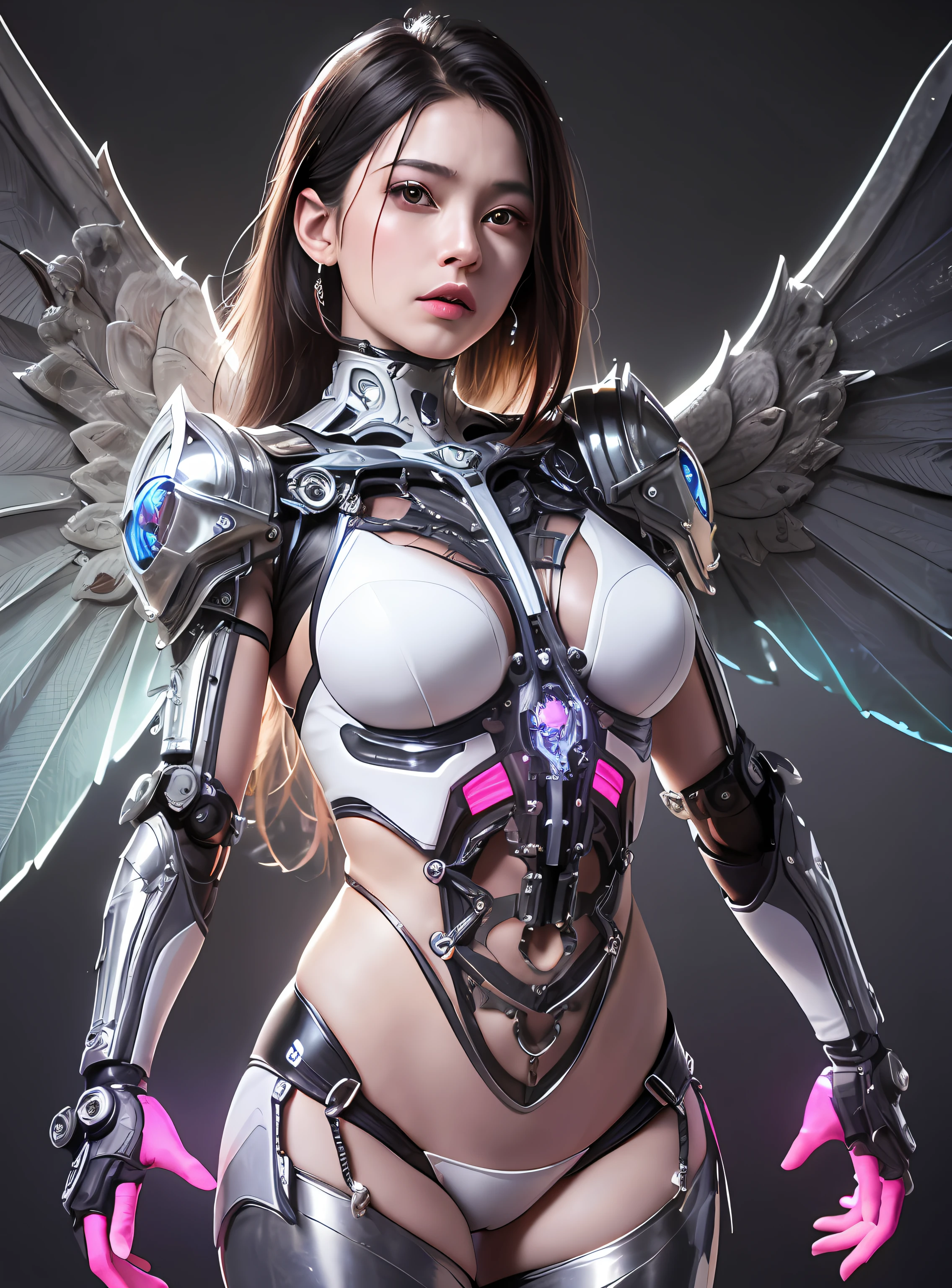 top-quality、​masterpiece、超A high resolution、(Photorealsitic:1.4)、Raw photo、女の子1人、Black hair、glowy skin、1. Mechanical Battle Angel、large metal wings、Shining Angel Circle、((super realistic details))、portlate、globalillumination、Shadow、octan render、8K、ultrasharp、Colossal tits、Raw skin is exposed in cleavage、White porcelain body、Details of complex ornaments、About Cyberpunk、Glowing LEDs、IC chips、Base、Data Links、Hydraulic cylinder、highly intricate detail、Realistic light、a purple eye、radiant eyes、Facing the camera、neon details、Mechanical limbs、blood vessels connected to tubes、Mechanical vertebrae attached to the back、mechanical cervical attaching to neck、cowboy  shot、Wires and cables connecting to the head、Luminous tube、Small LED lamp、Sumerian details、