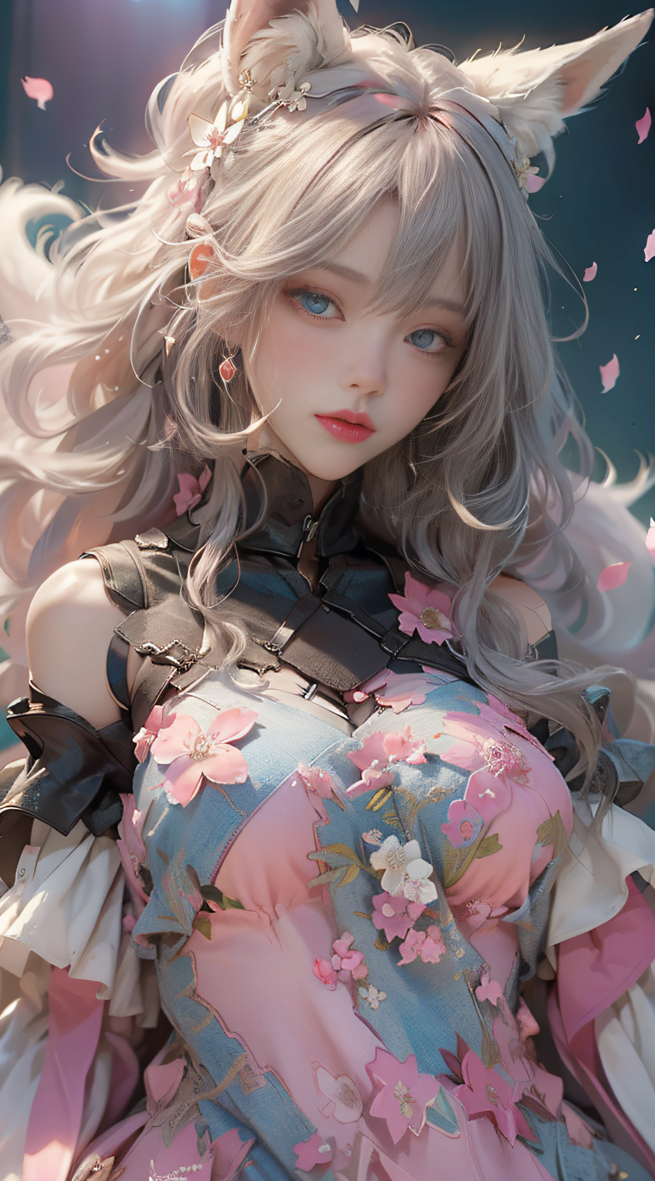((best qualtiy)), ((tmasterpiece)), (detail:1.4), Beautiful cyberpunk female images,hdr(HighDynamicRange),Ray traching,NVIDIA RTX,Hyper-Resolution,illusory 5,sub surface scattering,PBR textures,post-proces,Anisotropy Filtering,depth of fields,maximum definition and sharpness,Many-Layer Textures,Albedo e mapas Speculares,Surface coloring,Mitsu-Accurate simulation of material interactions,perfectly proportioned,rendering by octane,Two-colored light,largeaperture,Low ISO,White balance,Rule three points、8K raw data、Beautiful bright blue pupils,off-the-shoulder clothes,Fine pupils,Delicate face and eyes,long eyelasher,Blushlush,Delicate and fluffy hair,pink lip,Pure,Cute face,Sweet girl,Artistic sense,Casual wear,Advancedsense,butterflys,Cherry blossom petal,Beautiful hair accessories,Long hair and waist,Hair fluttering in the wind,Snow-white fox ears,curlies,Fluffy white fox tail