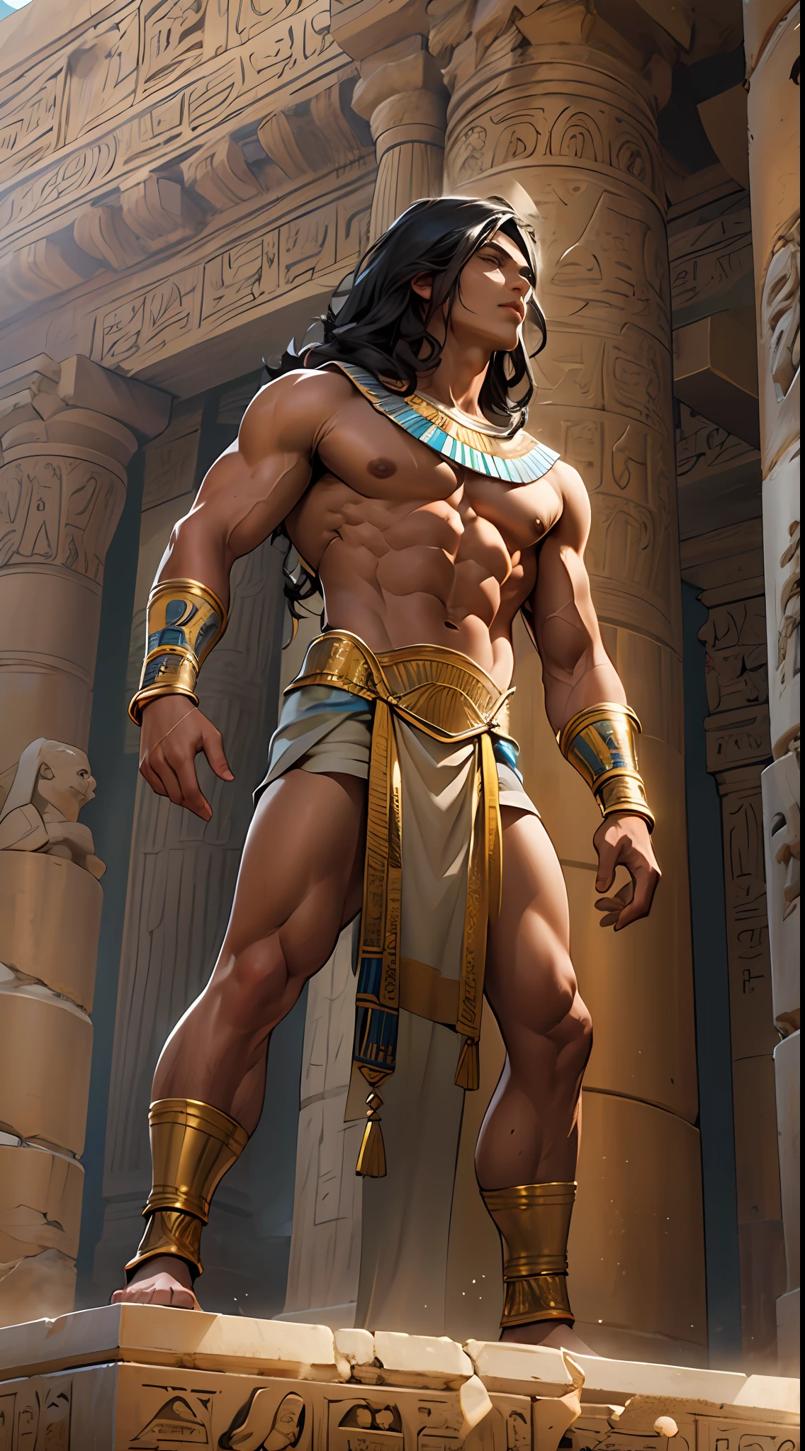 Powerful warrior, chest bared, lower body uncovered from thighs to feet, luxuriant long curls, meticulous muscle definition, photorealistic rendering, 4K resolution. Background: Ancient Egyptian temple complex,32k uhd, best quality, masterpiece, super detail, high details