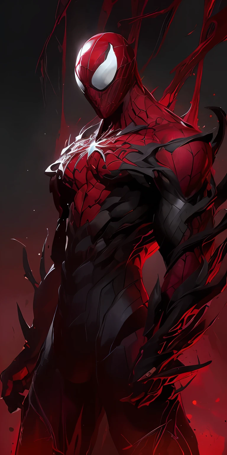 Aranha - Homem em um terno vermelho com tinta preta e vermelha, carnificina, simbionte, Amazing 8K character concept art, arte conceitual demon soul, Arte conceitual da Marvel, por Yang J, Simbionte de veneno, arte de personagem impressionante, epic exquisite character art, Estilo de Raymond Swanland, bela arte conceitual de corpo inteiro, Bloody + arte conceitual, Miles Morales!!!