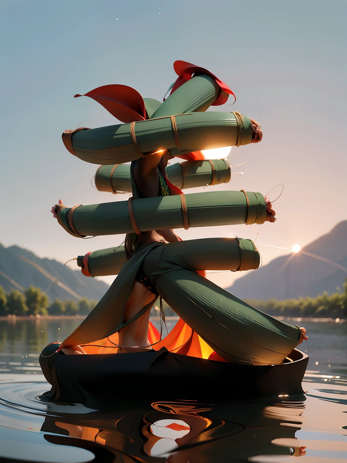 There is a bamboo forest in the distance，River side，There is a bamboo forest path on the shore，A man stands on the path of a bamboo forest，Highest image quality