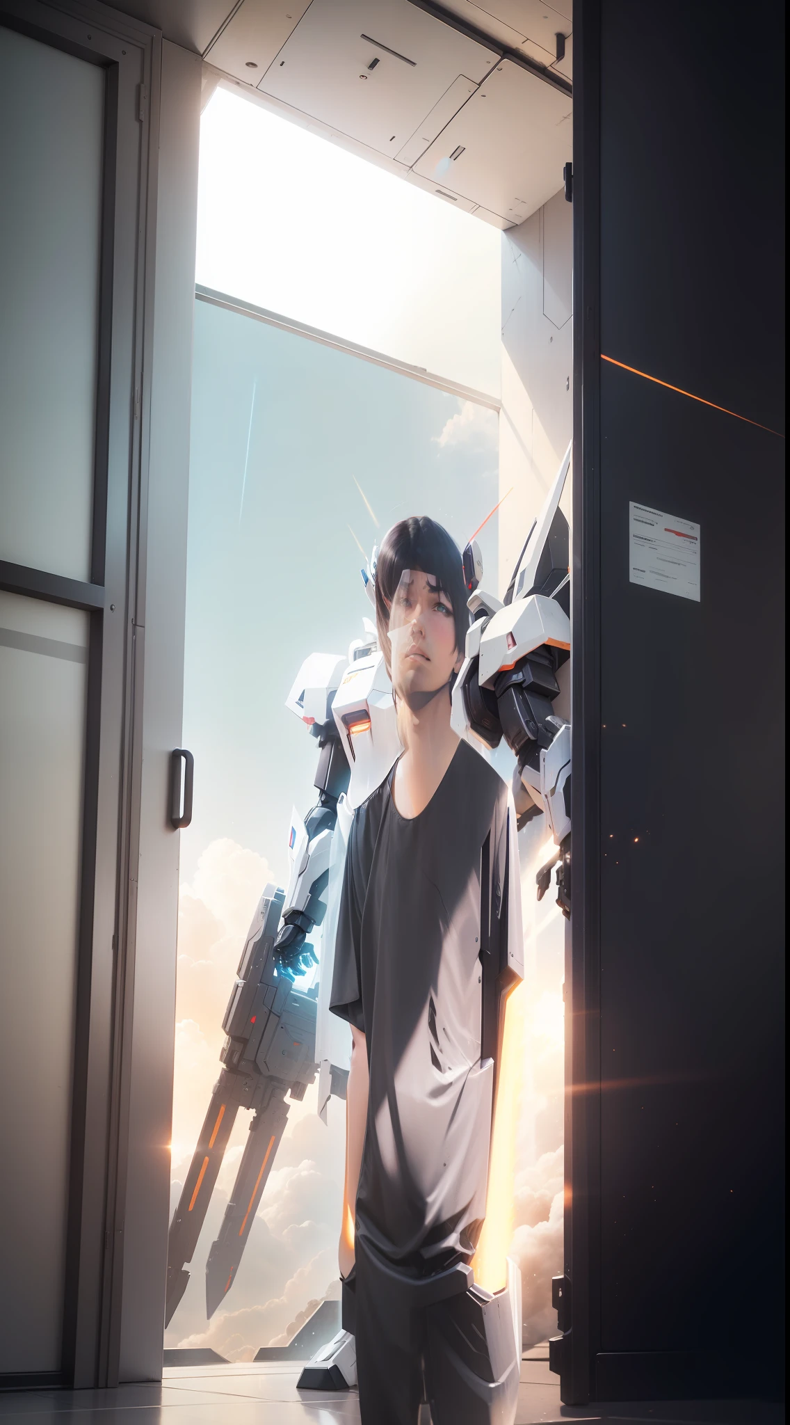 Surrealism, Ray Tracing, Photorealistic, UHD, High Detail, 32k, Best Quality, Gundam Mecha, Masterpiece, Best Quality, Mecha, Unmanned, (Full Body), (Black Mecha: 1.8), (Axisymmetric: 1.4), (HDR), (Movie Light: 1.1), White Eyes, Cool, Science Fiction, oversized shield, mecha robot overlooking the background of the earth, with laser cannon beams, weapons in hand (has a huge weapon: 1.5),