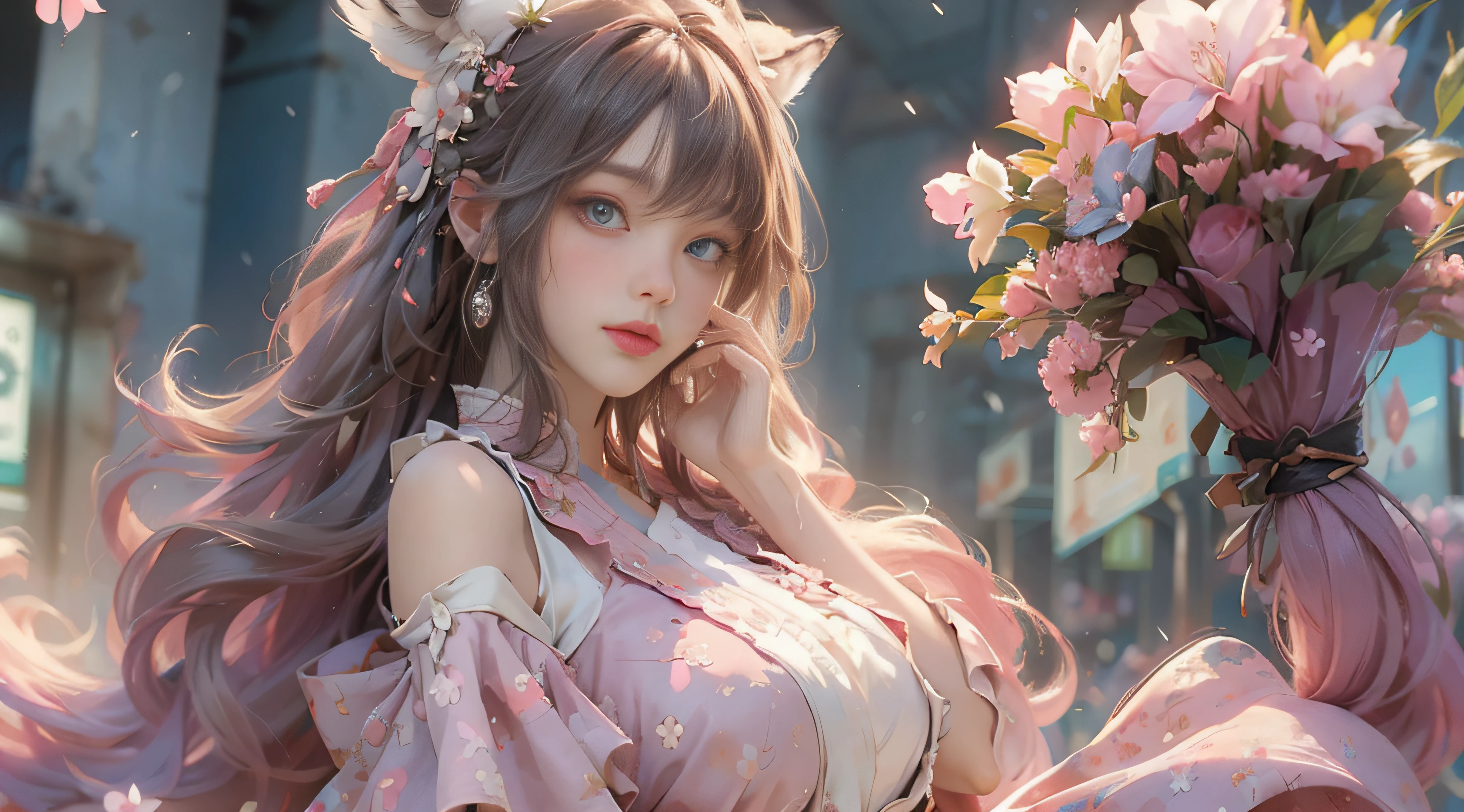 ((best qualtiy)), ((tmasterpiece)), (detail:1.4), Beautiful cyberpunk female images,hdr(HighDynamicRange),Ray traching,NVIDIA RTX,Hyper-Resolution,illusory 5,sub surface scattering,PBR textures,post-proces,Anisotropy Filtering,depth of fields,maximum definition and sharpness,Many-Layer Textures,Albedo e mapas Speculares,Surface coloring,Mitsu-Accurate simulation of material interactions,perfectly proportioned,rendering by octane,Two-colored light,largeaperture,Low ISO,White balance,Rule three points、8K raw data、Beautiful bright blue pupils,off-the-shoulder clothes,Fine pupils,Delicate face and eyes,long eyelasher,Blushlush,Delicate and fluffy hair,pink lip,Pure,Cute face,Sweet girl,Artistic sense,Casual wear,Advancedsense,butterflys,Cherry blossom petal,Beautiful hair accessories,Long hair and waist,Hair fluttering in the wind,Snow-white fox ears,curlies