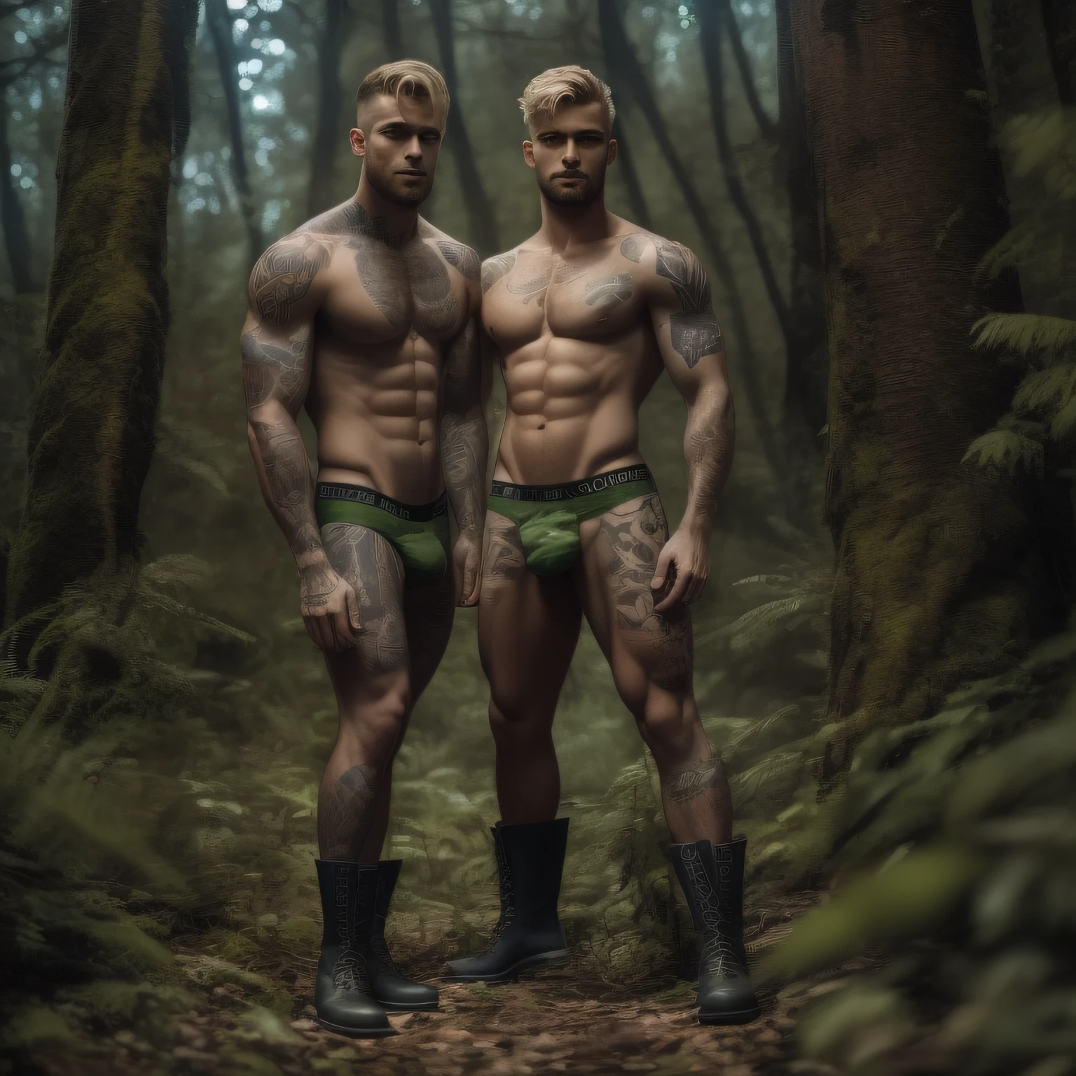 Two handsome muscular tattooed naked men, one dark, one with short blonde hair, wearing tiny camouflage jockstraps and boots, hiding in the forest at night, full body image, seen from a low angle