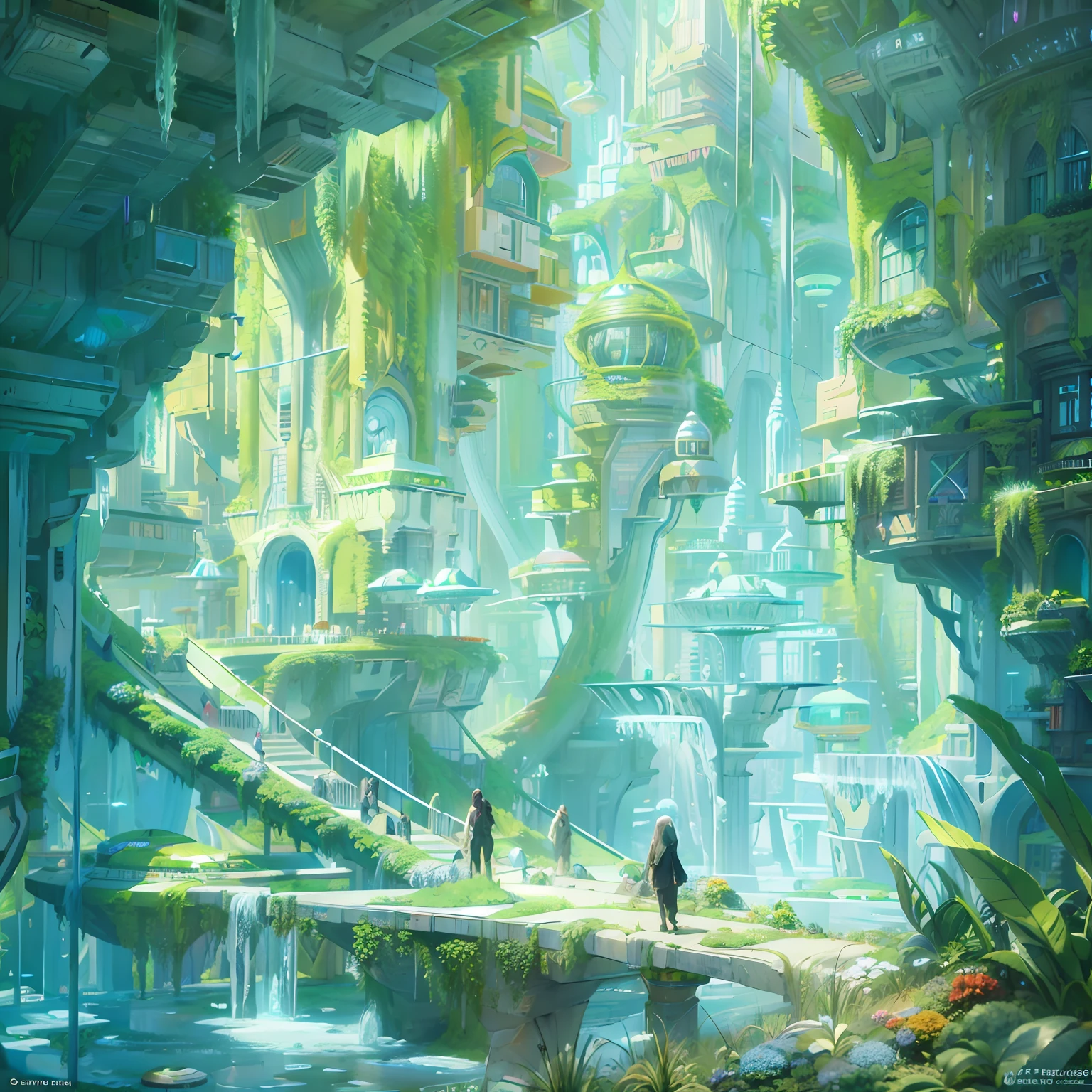 Crystal gardens buried deep underground，Has exotic plants and rare resources，sci-fy，Frozen flora，Frost-covered building，Intricate ice formations，Ghibli Mobius style，Ice City before 2080，Möbius aesthetics，Morbius combined with Louise，Len Mack inspiration，Studio Ghibli performance，moebius artwork，studio ghibli smooth concept art，james gilleard artwork。