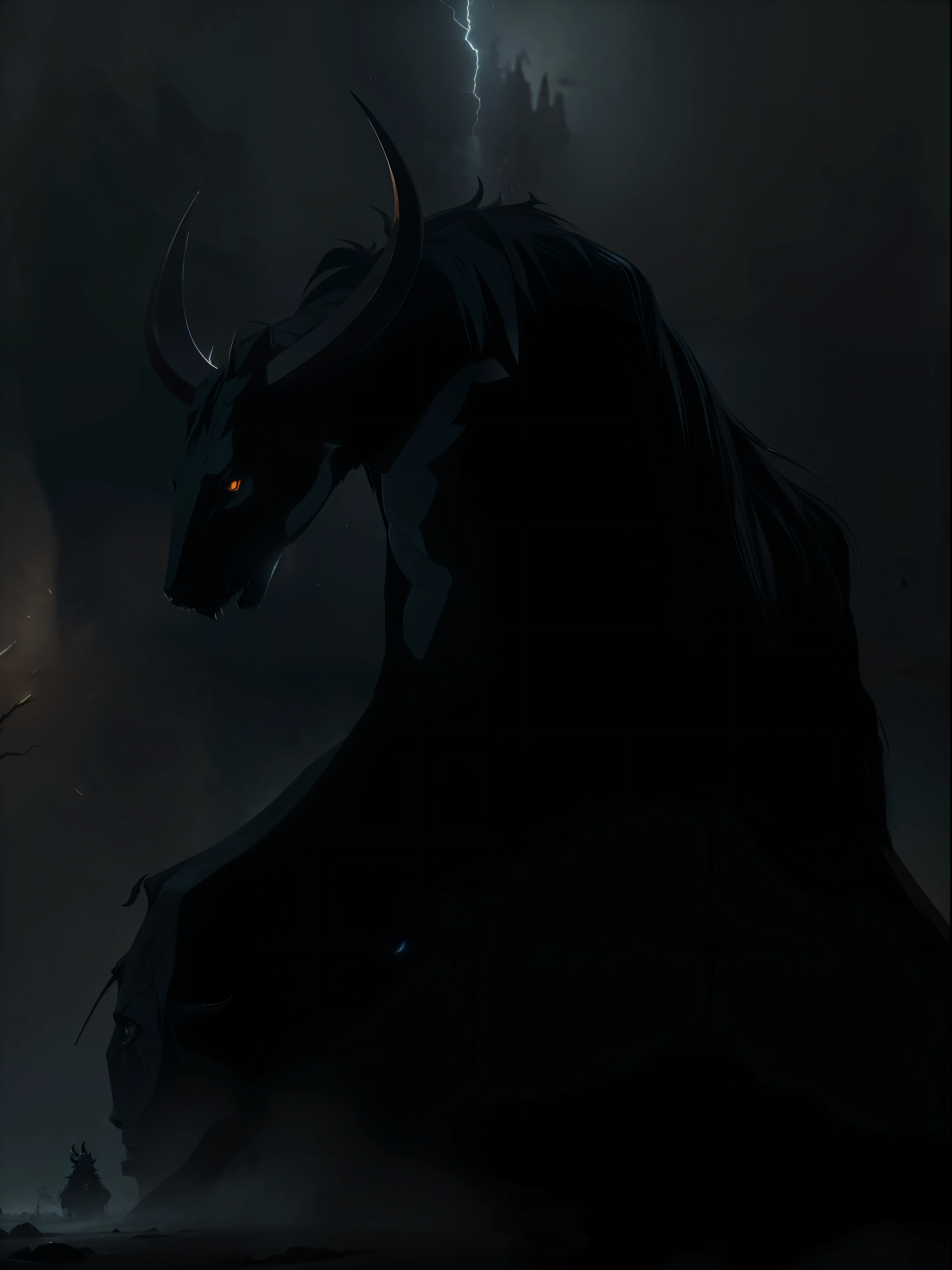 A monster with two horns,Standing in the bleak rainy night
