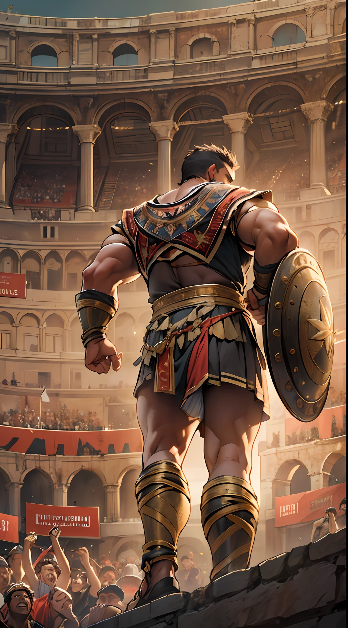 Mighty gladiator, upper torso exposed, legs unclothed from thighs to feet, flowing long curls, detailed muscular physique, lifelike depiction, 4K resolution. Background: Roman colosseum filled with cheering crowd.,32k uhd, best quality, masterpiece, super detail, high details