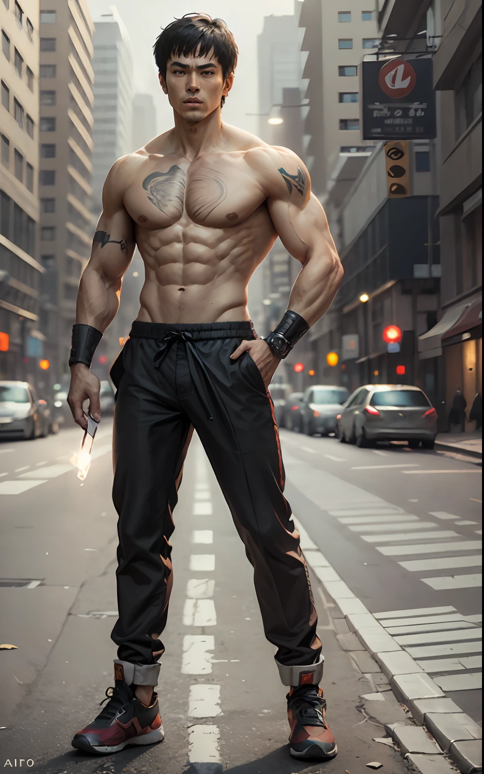 Tips: Full body shot, game character design, Bruce Lee walking towards the camera, topless body, hands in pockets, cigarette on his lips, empty eyes, Hokuto Shinken character, Kenjiro, top side light, deserted city street (far view, blurred depth of field), elevation perspective - AR 10:16 - style expression