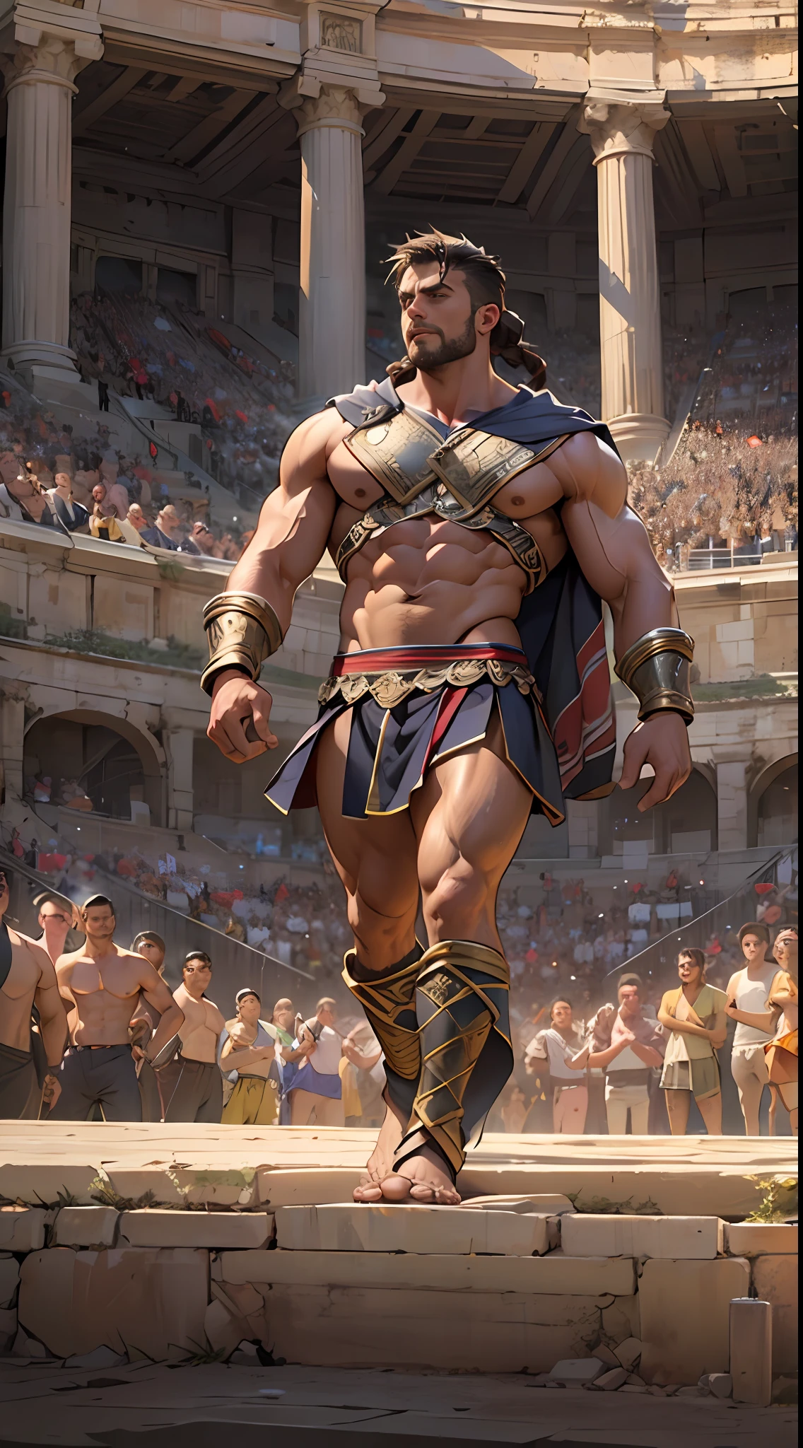 Mighty gladiator, upper torso exposed, legs unclothed from thighs to feet, flowing long curls, detailed muscular physique, lifelike depiction, 4K resolution. Background: Roman colosseum filled with cheering crowd.,32k uhd, best quality, masterpiece, super detail, high details