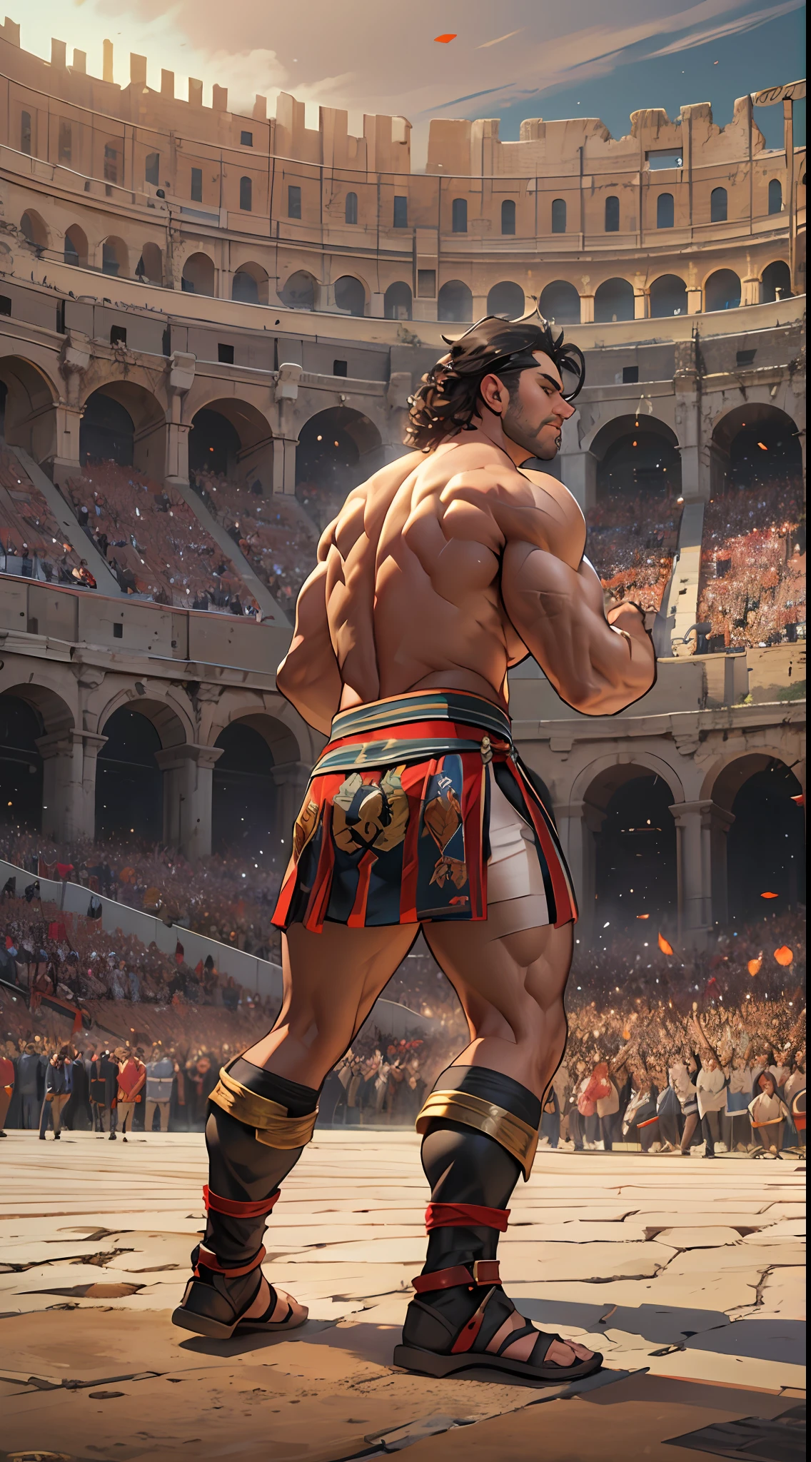 Mighty gladiator, upper torso exposed, legs unclothed from thighs to feet, flowing long curls, detailed muscular physique, lifelike depiction, 4K resolution. Background: Roman colosseum filled with cheering crowd.,32k uhd, best quality, masterpiece, super detail, high details