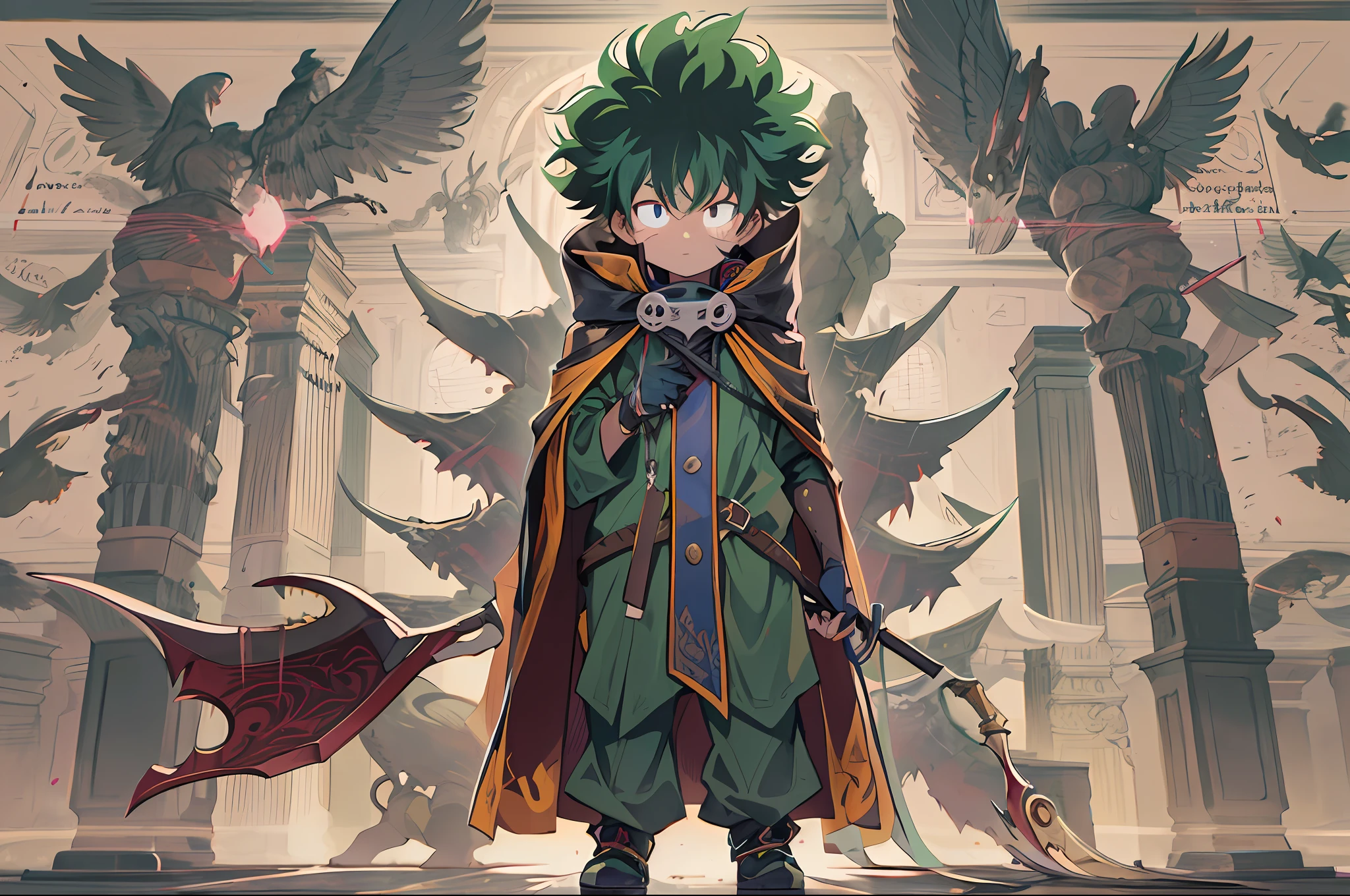 masterpiece, best quality, Izuku Midoriya, with a menacing appearance, stands confidently on a hill of gravestones, donned in a dark robe and a plague doctor's mask. His grip tightens around a scythe in one hand, while in the other, he holds a crimson moon, radiating an eerie glow,highres, absurdres, full body,(ultra-detailed:1.1025), (illustration:1.1025), (infographic:1.1025), patent drawings, physical measurement, (all clothes configuration:1.1025), stationery, (solo:1.1025),standing, cohesive background, 5 fingers in hands, character sheet,