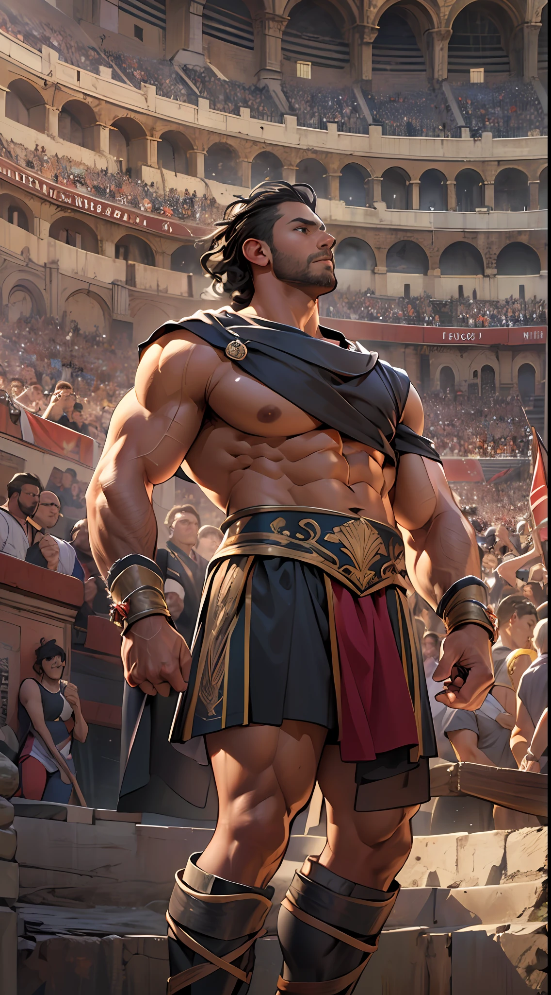 Mighty gladiator, upper torso exposed, legs unclothed from thighs to feet, flowing long curls, detailed muscular physique, lifelike depiction, 4K resolution. Background: Roman colosseum filled with cheering crowd.,32k uhd, best quality, masterpiece, super detail, high details
