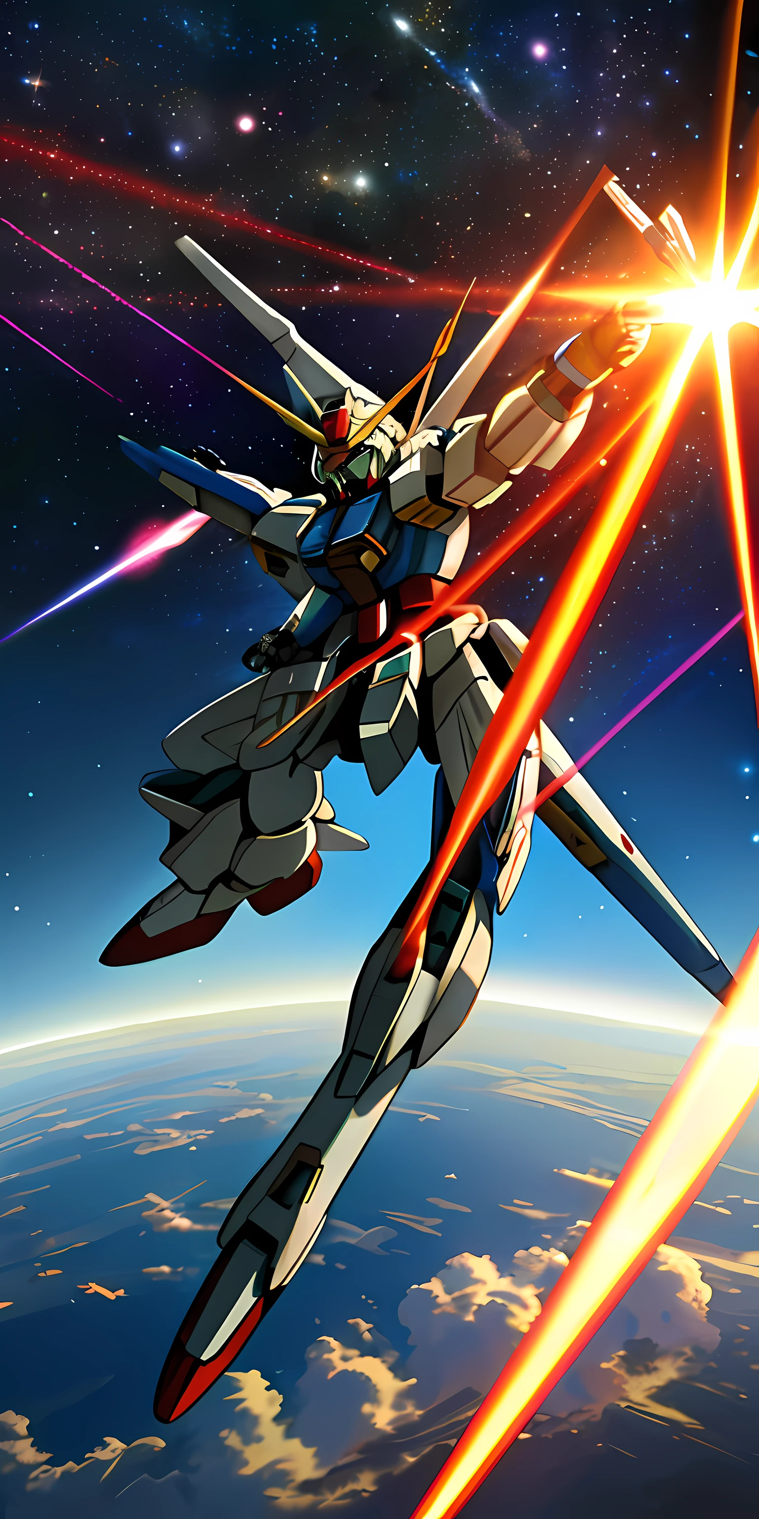 ((High quality)), ((Masterpiece)), 8K, gundam style,mechs,Fly in space, Light rays, extremaly detailed cg,Unified 8K wallpapers, GameCG, view the viewer, Holding a weapon in one hand,The other hand holds a shield, With space operations as a background, full bodyesbian,High-burn combat, UAVs, holdingweapon,flying through the air,Stretch in a postural position,Gundam wind,llight rays,eyes glowing,in a panoramic view,Epic,tmasterpiece,