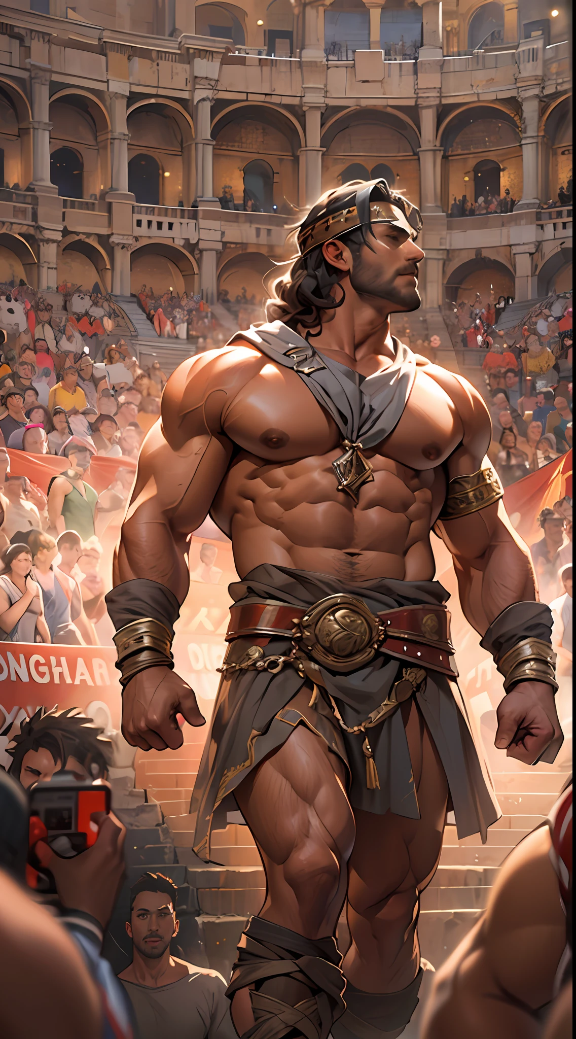 Mighty gladiator, upper torso exposed, legs unclothed from thighs to feet, flowing long curls, detailed muscular physique, lifelike depiction, 4K resolution. Background: Roman colosseum filled with cheering crowd.,32k uhd, best quality, masterpiece, super detail, high details